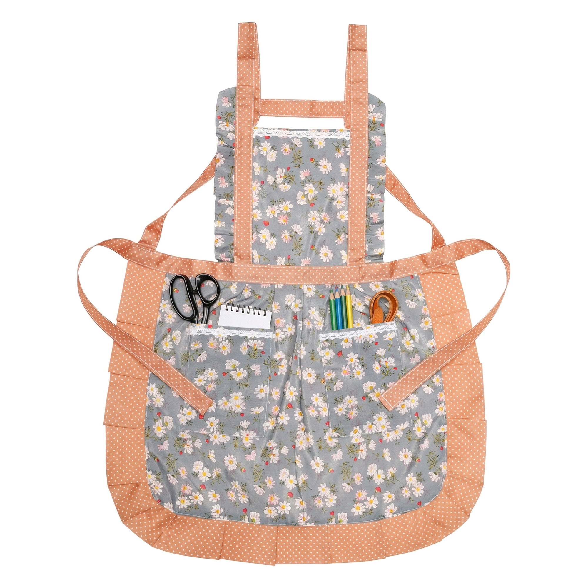 Unique Bargains Durable Floral Kitchen Apron with Pockets and Adjustable Tie Light Blue