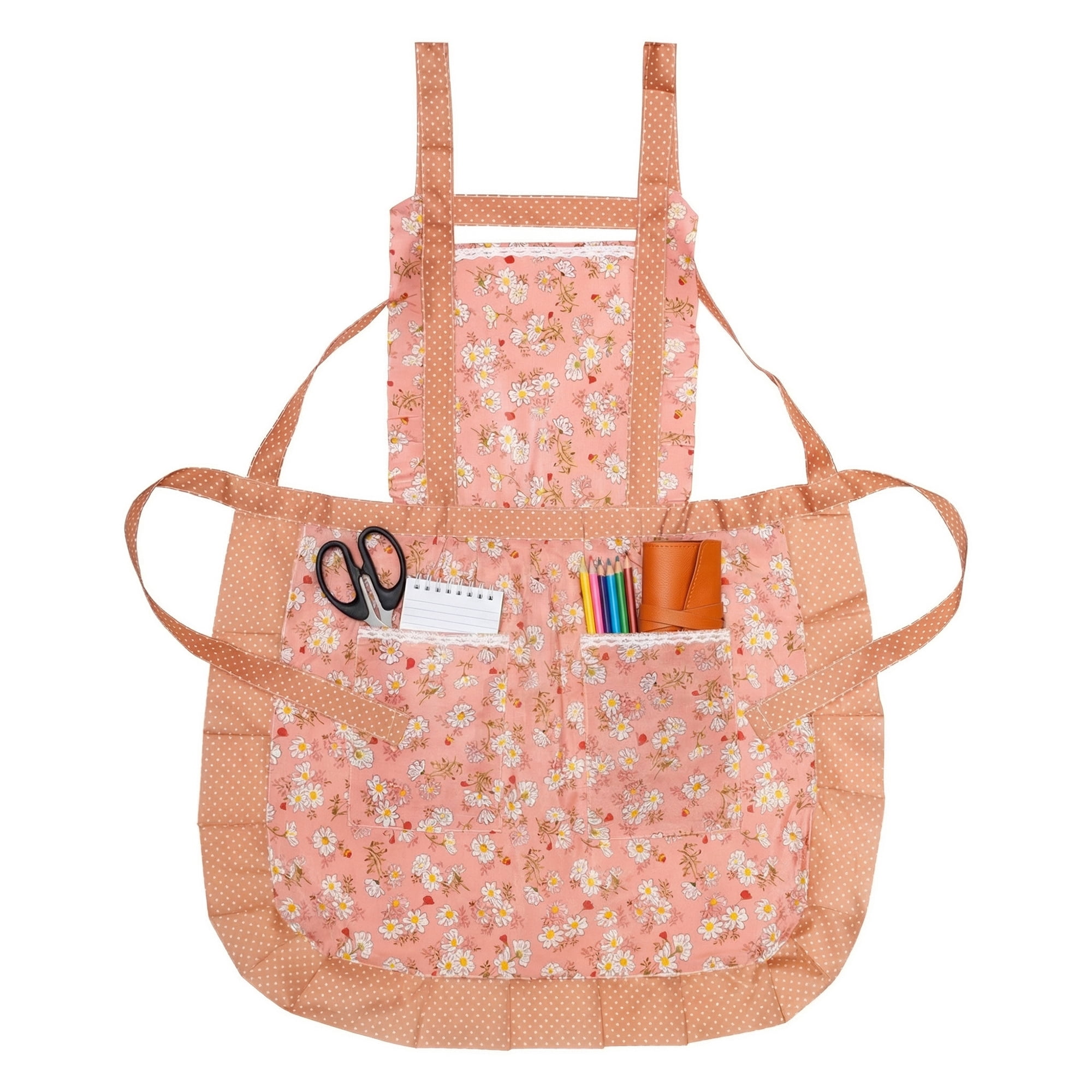 Unique Bargains Durable Floral Kitchen Apron with Pockets and Adjustable Tie Pink