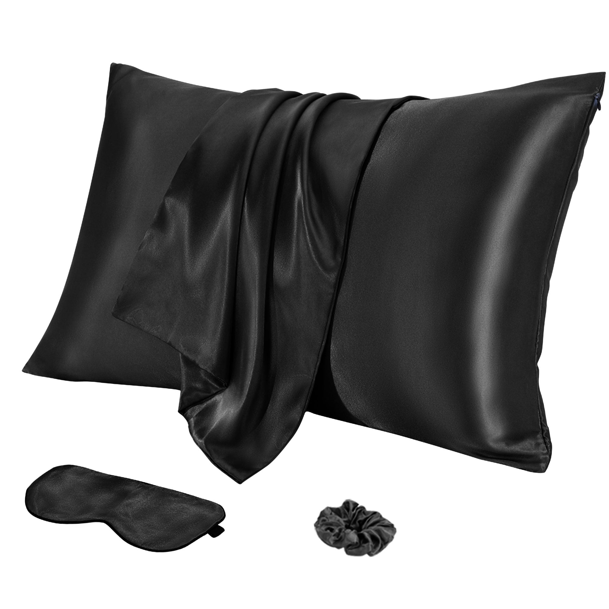 Unique Bargains Durable Soft Zippered Closure Set of 2 Satin Pillowcase Black Queen(20"x30")