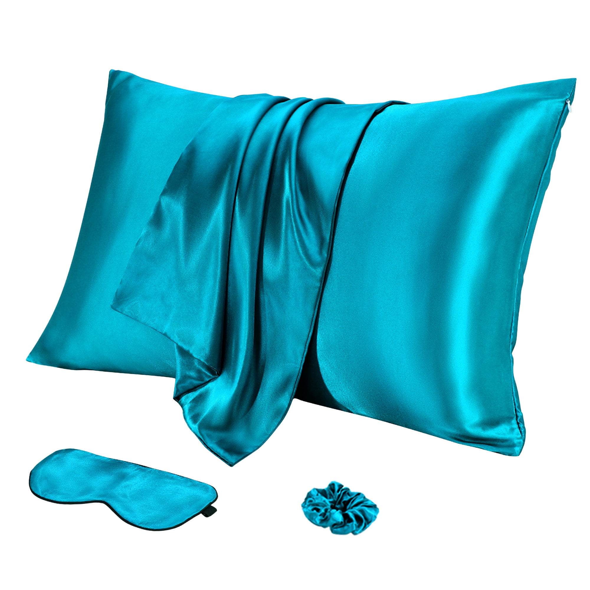 Unique Bargains Durable Soft Zippered Closure Set of 2 Satin Pillowcase Peacock Blue Queen(20"x30")