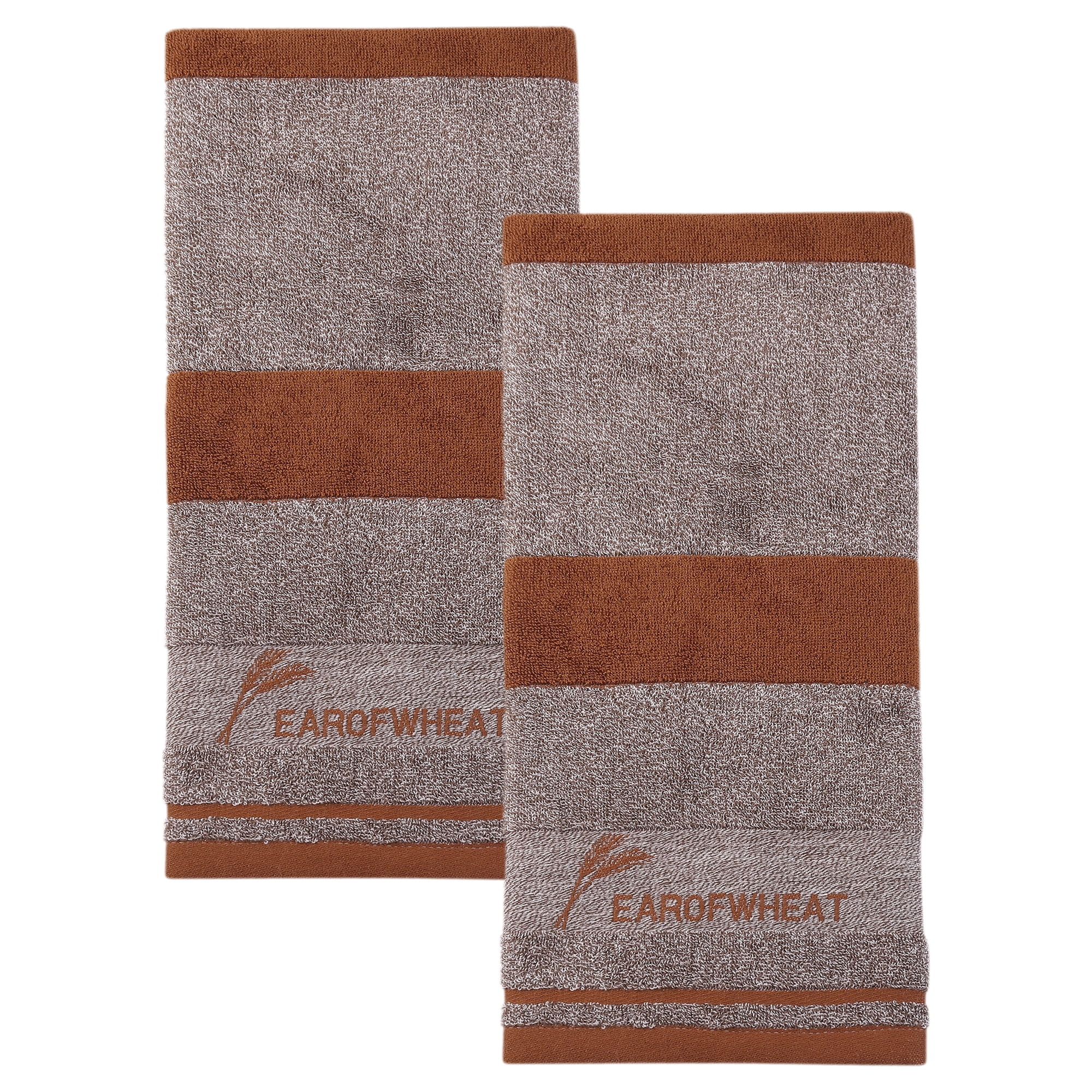 Unique Bargains Ear of Wheat Stripe Cotton Soft Absorbent Hand Towel Brown 2pcs 29" x 13"