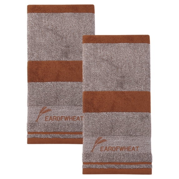 Unique Bargains Ear of Wheat Stripe Cotton Soft Absorbent Hand Towel Brown 2pcs 29" x 13"