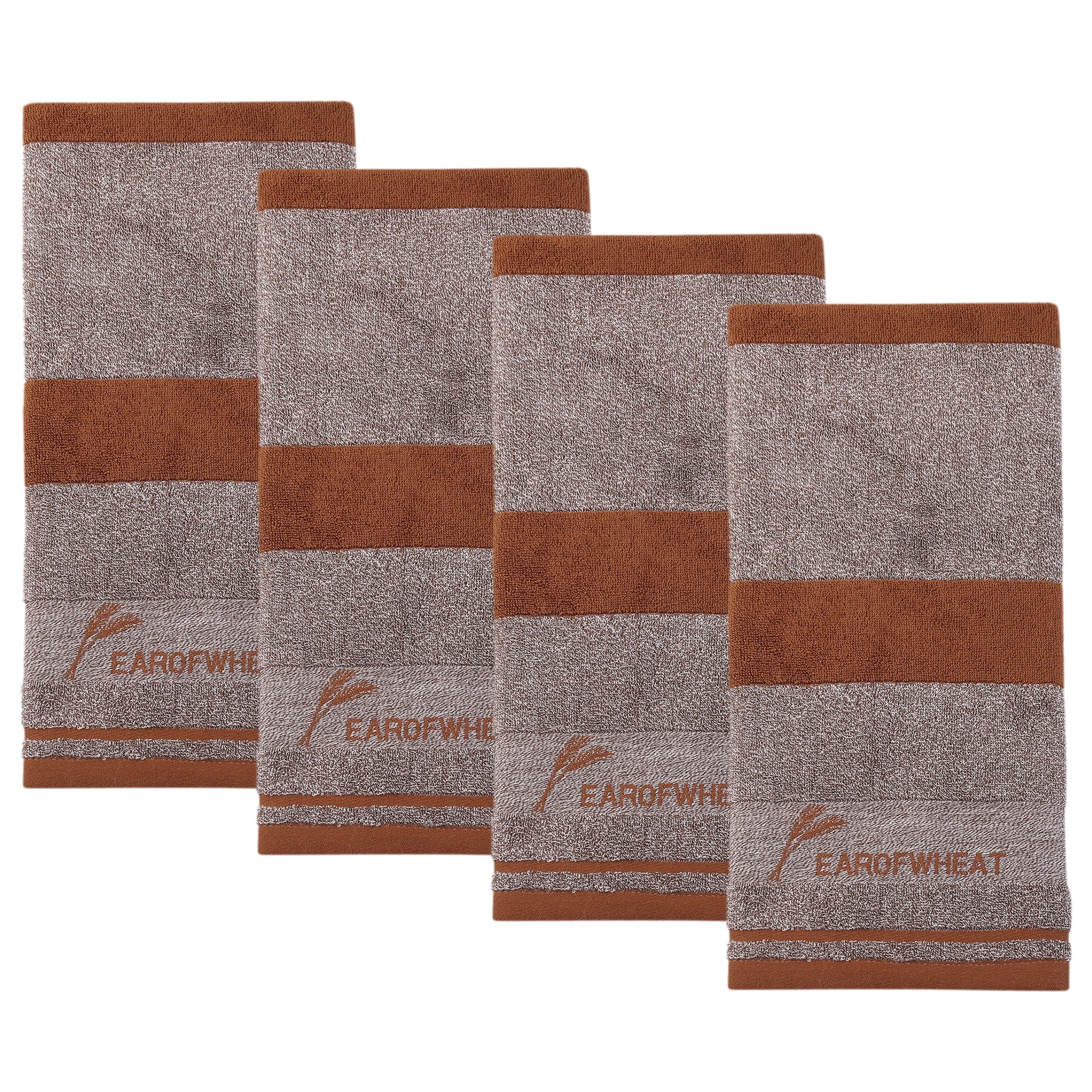 Unique Bargains Ear of Wheat Stripe Cotton Soft Absorbent Hand Towel Brown 4pcs 29" x 13"