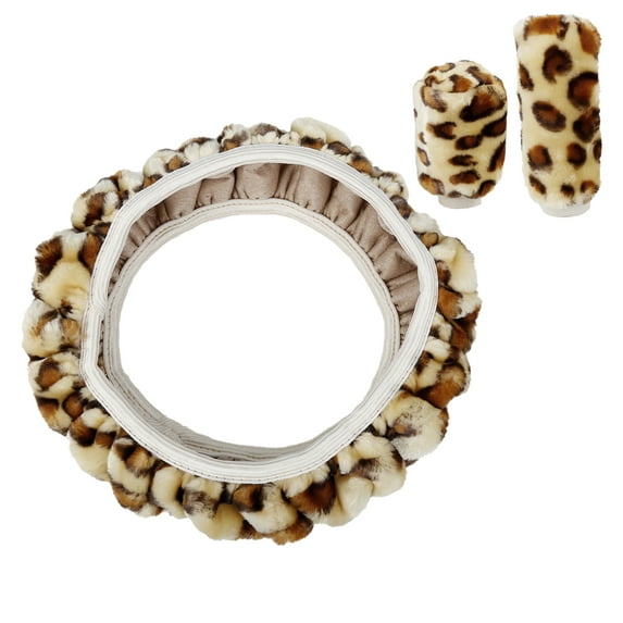 Unique Bargains Elastic Leopard Pattern Winter Warm Car Steering Wheel Cover Handbrake Gear Cover Set Beige