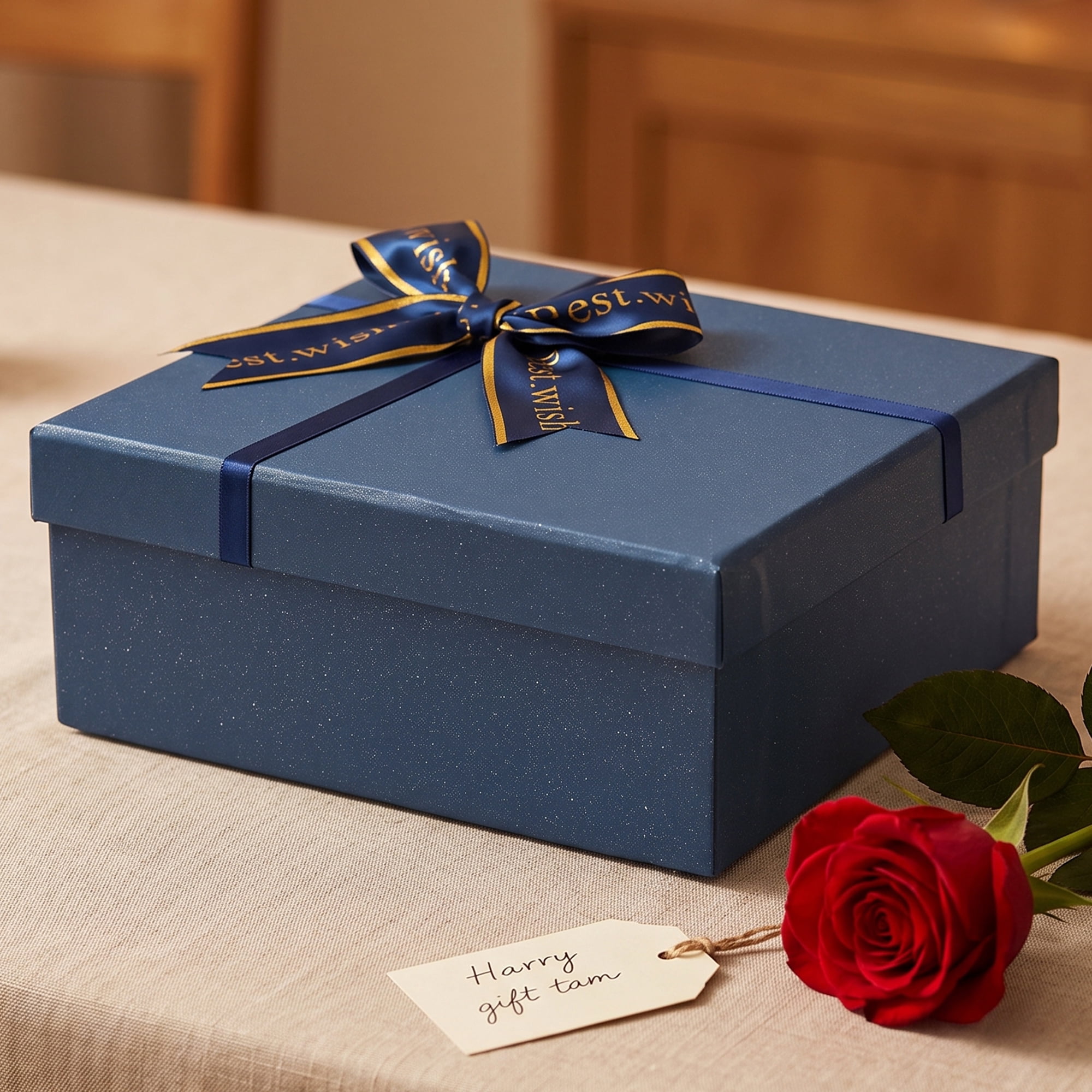 Unique Bargains Elegant Bow Print Ribbon Gift Box Blue 7.5"x5.1"x2.4"