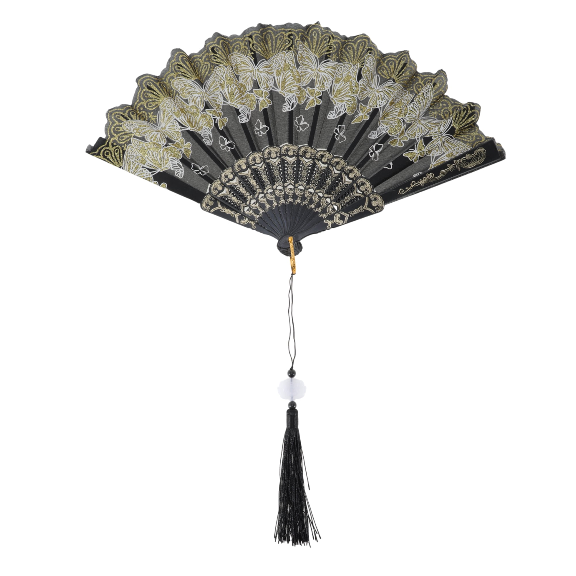 Unique Bargains Elegant Butterfly With Tassel Folding Fan 1PC Black