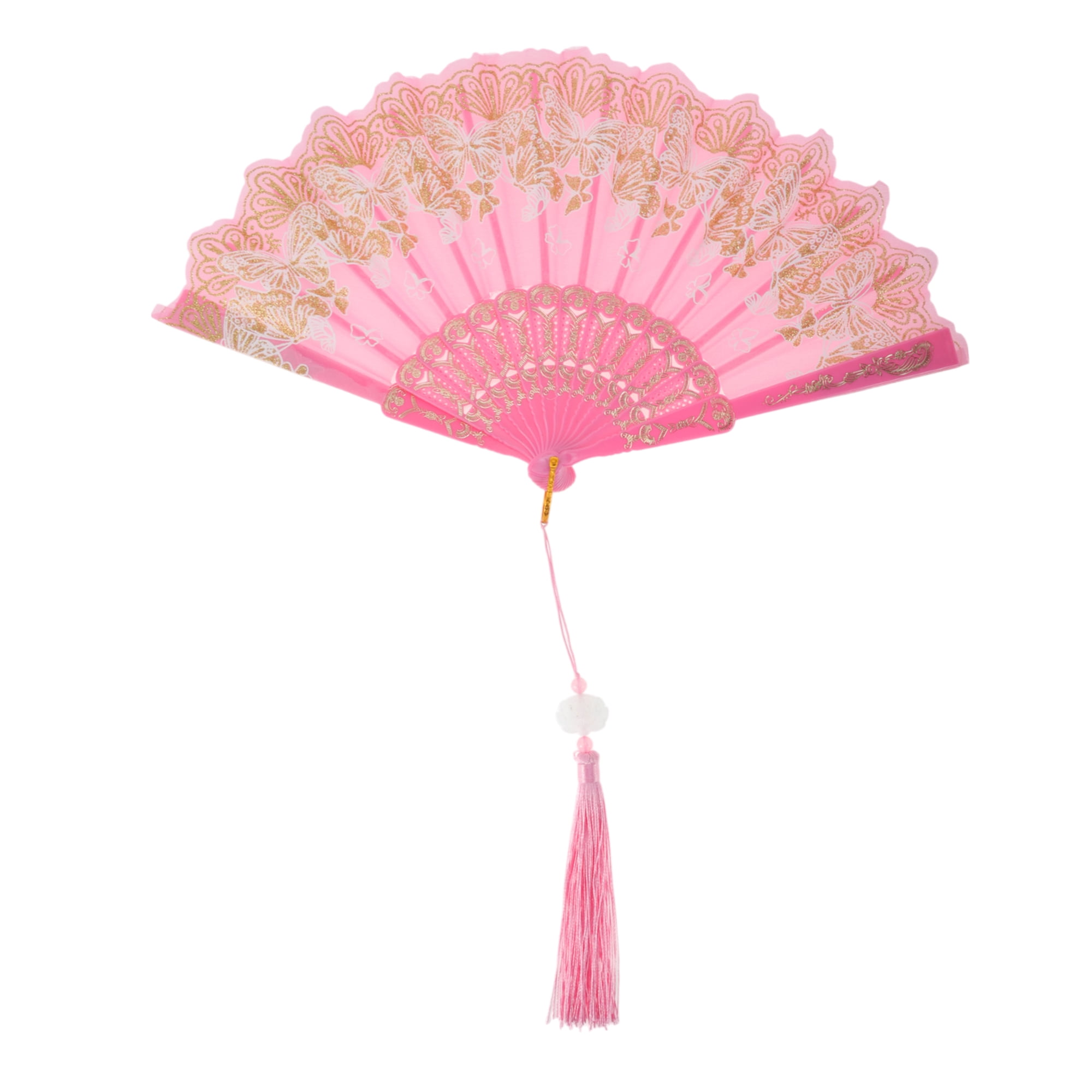 Unique Bargains Elegant Butterfly With Tassel Folding Fan 1PC Pink
