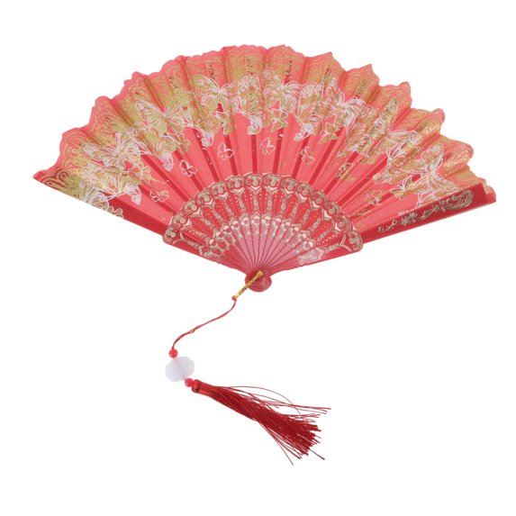 Unique Bargains Elegant Butterfly With Tassel Folding Fan 1PC Red