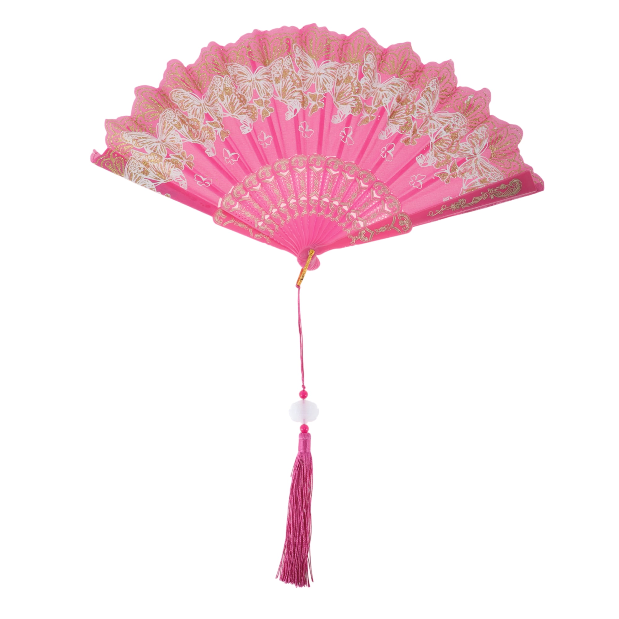 Unique Bargains Elegant Butterfly With Tassel Folding Fan 1PC Rose Red