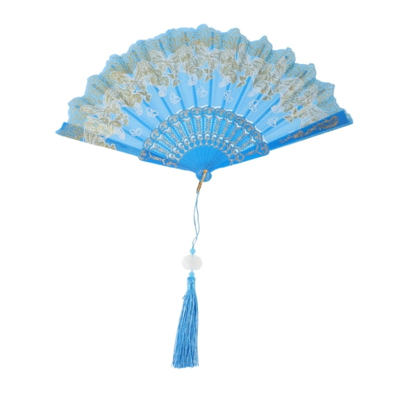 Unique Bargains Elegant Butterfly With Tassel Folding Fan 1PC Sky Blue