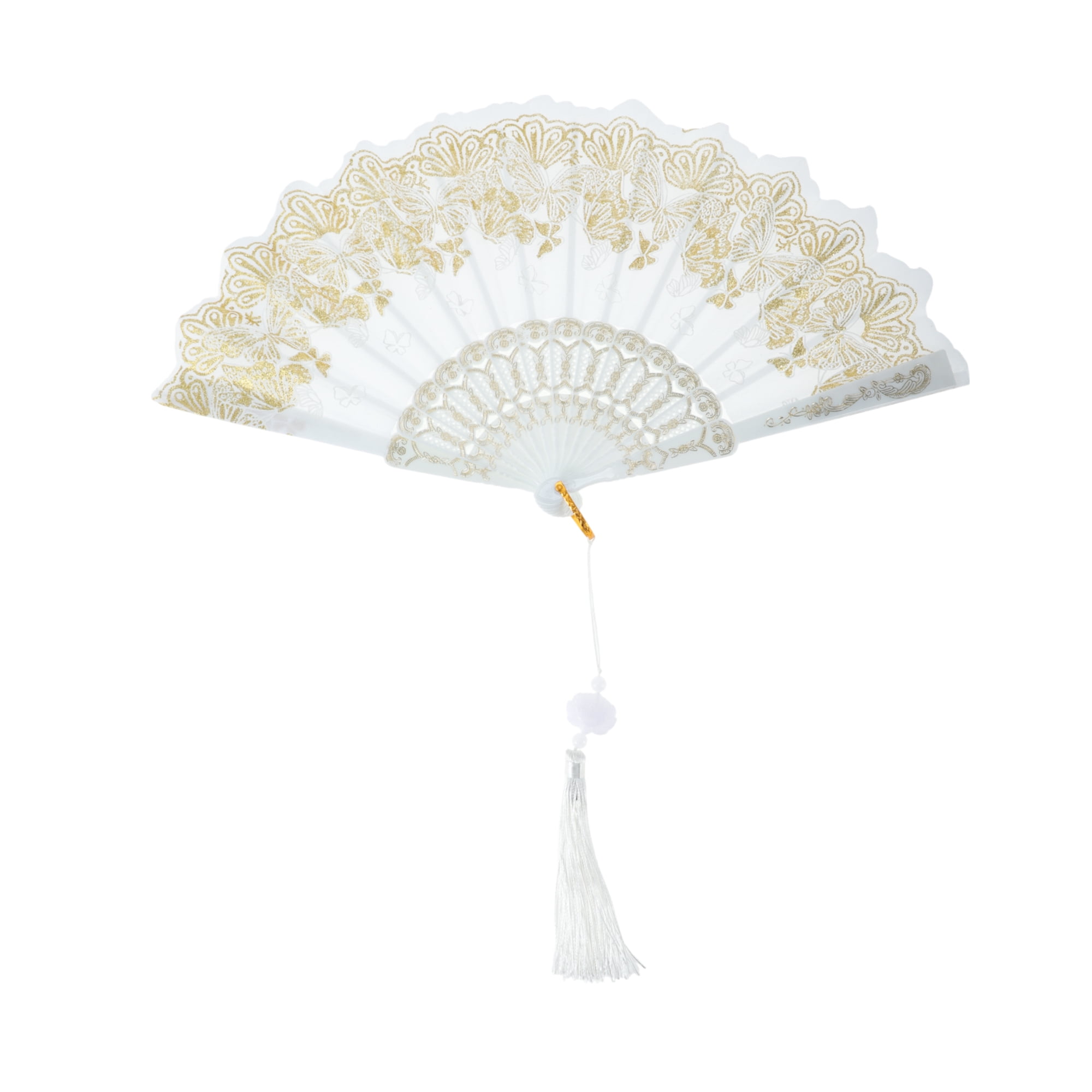 Unique Bargains Elegant Butterfly With Tassel Folding Fan 1PC White