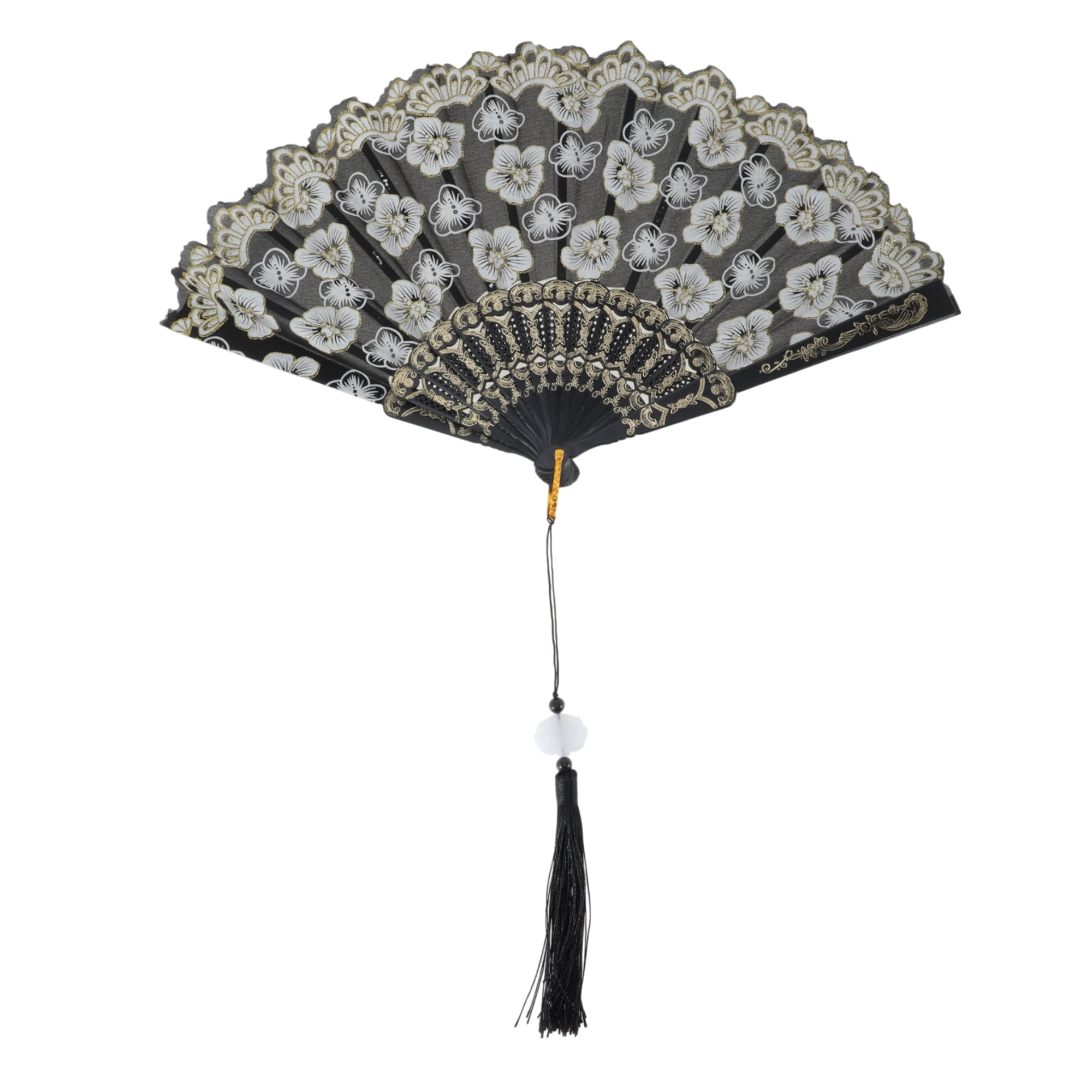 Unique Bargains Elegant Cherry Blossom With Tassel Folding Fan 1 Pc Black