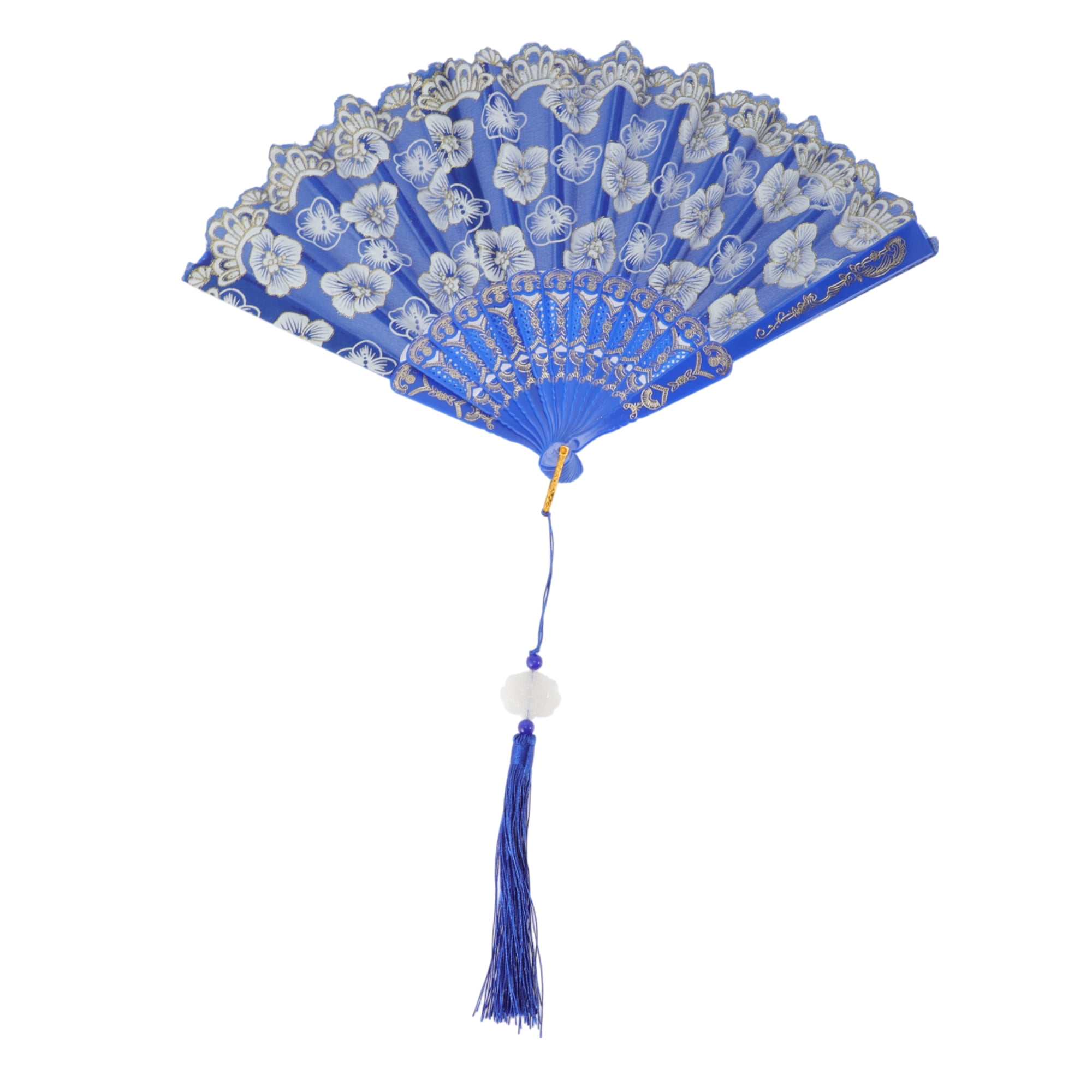 Unique Bargains Elegant Cherry Blossom With Tassel Folding Fan 1 Pc Blue