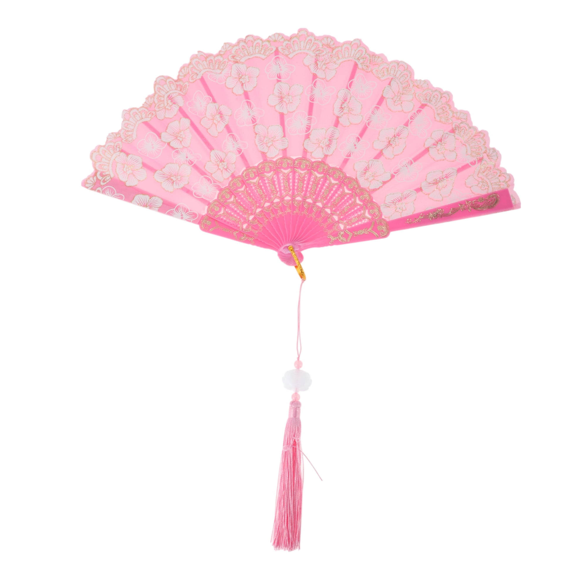Unique Bargains Elegant Cherry Blossom With Tassel Folding Fan 1 Pc Pink