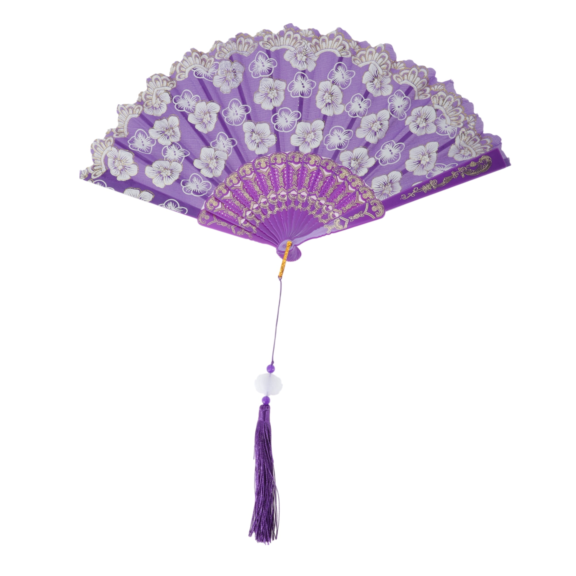 Unique Bargains Elegant Cherry Blossom With Tassel Folding Fan 1 Pc Purple