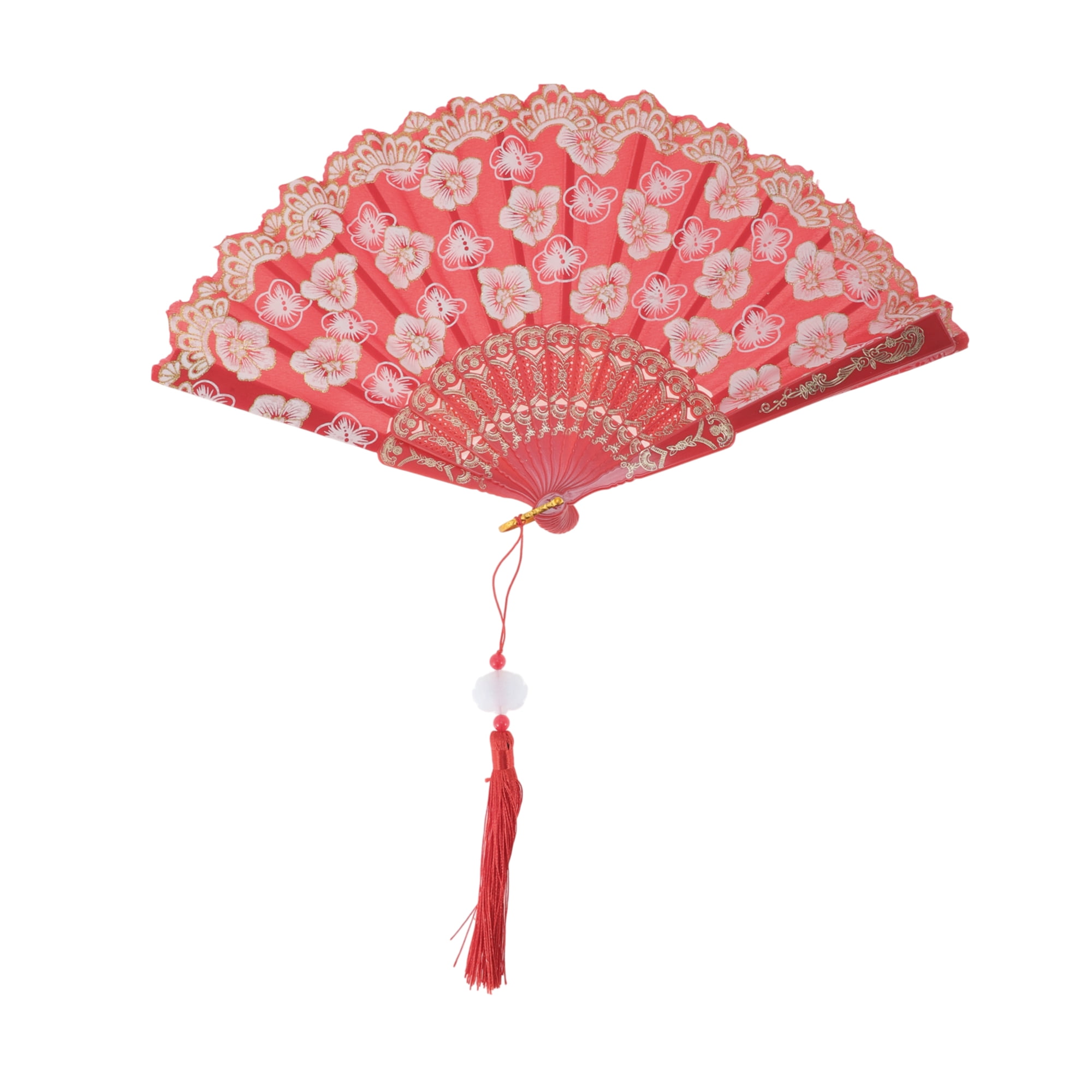 Unique Bargains Elegant Cherry Blossom With Tassel Folding Fan 1 Pc Red