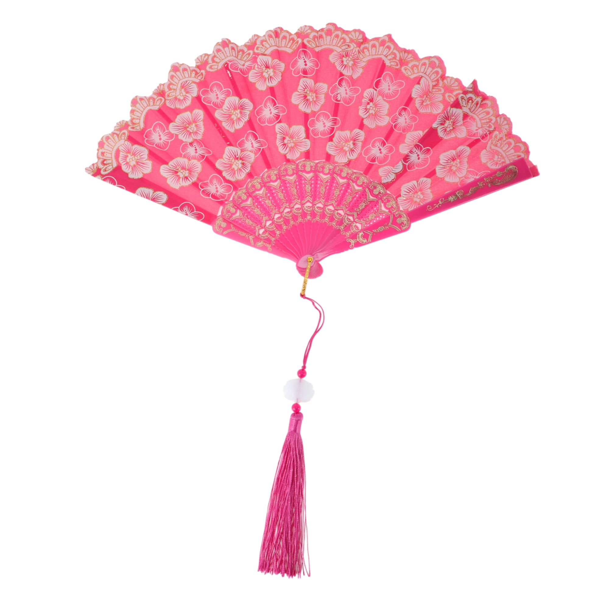Unique Bargains Elegant Cherry Blossom With Tassel Folding Fan 1 Pc Rose Red