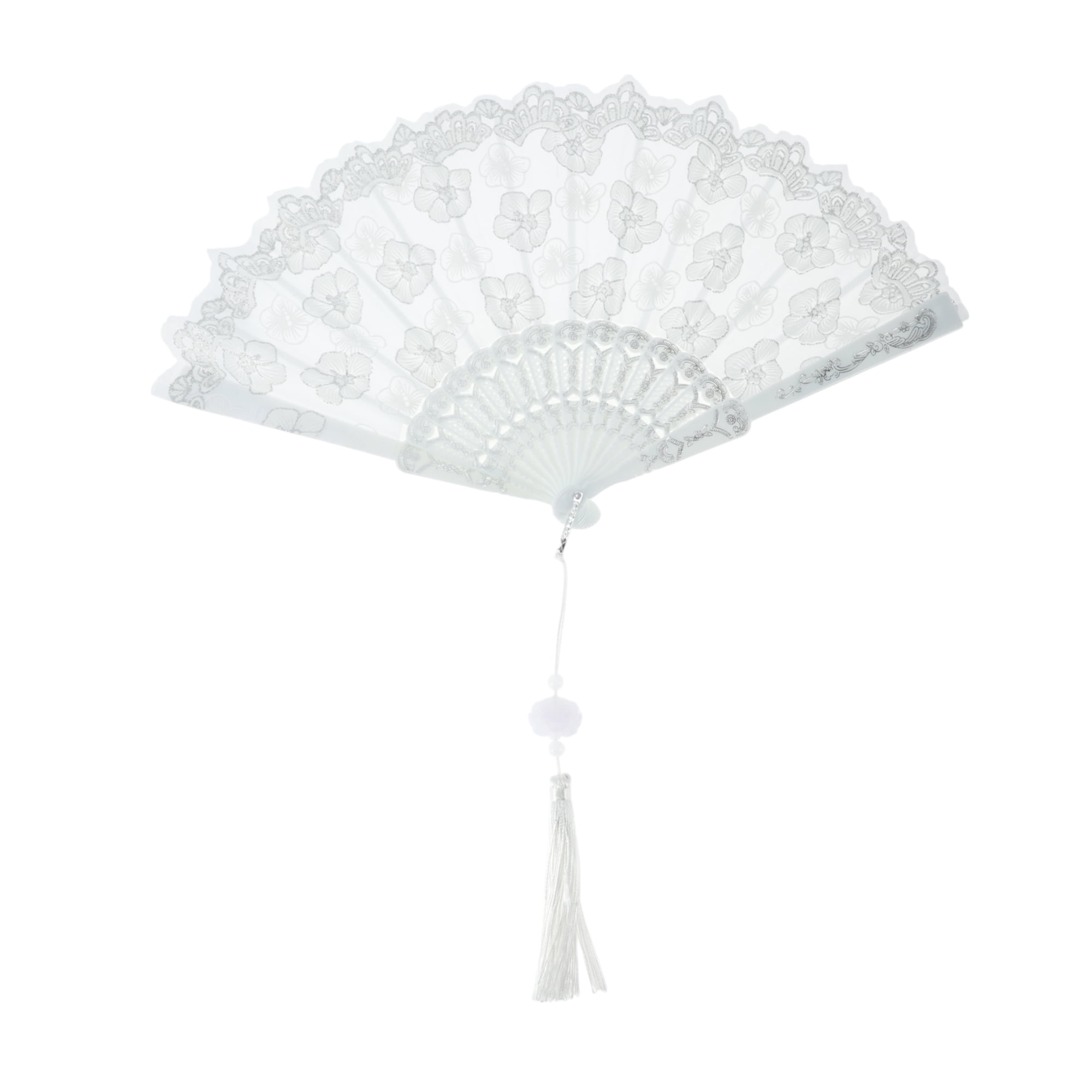 Unique Bargains Elegant Cherry Blossom With Tassel Folding Fan 1 Pc Silver Tone