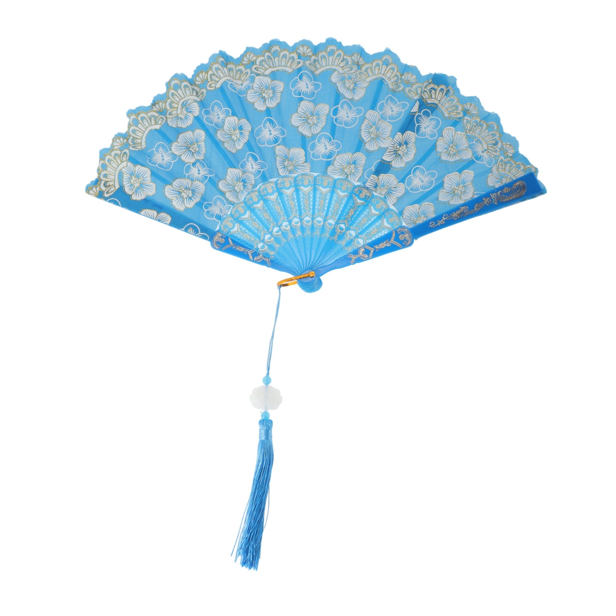 Unique Bargains Elegant Cherry Blossom With Tassel Folding Fan 1 Pc Sky Blue
