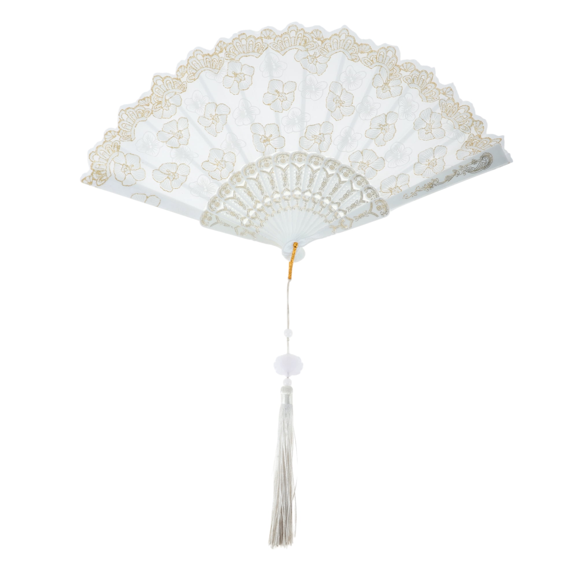Unique Bargains Elegant Cherry Blossom With Tassel Folding Fan 1 Pc White