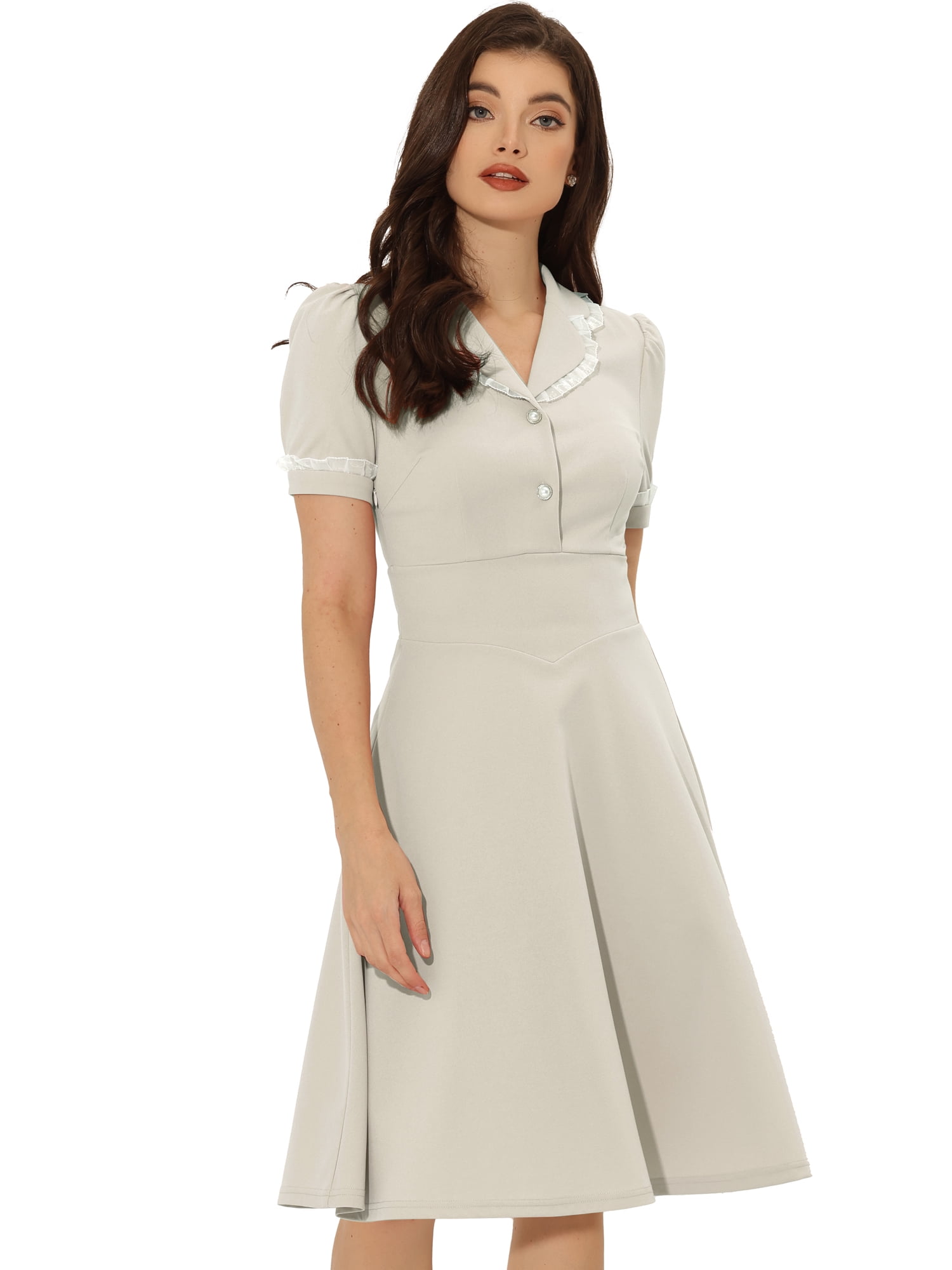 Unique Bargains Women's Ruffled Peter Pan Collar Midi Dresses M Grey