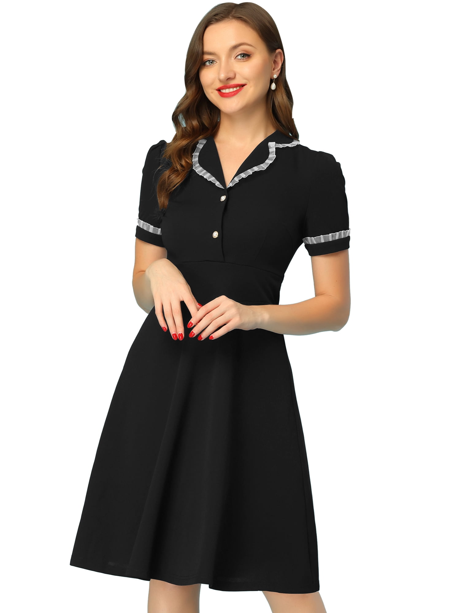 Unique Bargains Women's Ruffled Peter Pan Collar Midi Dresses S Black