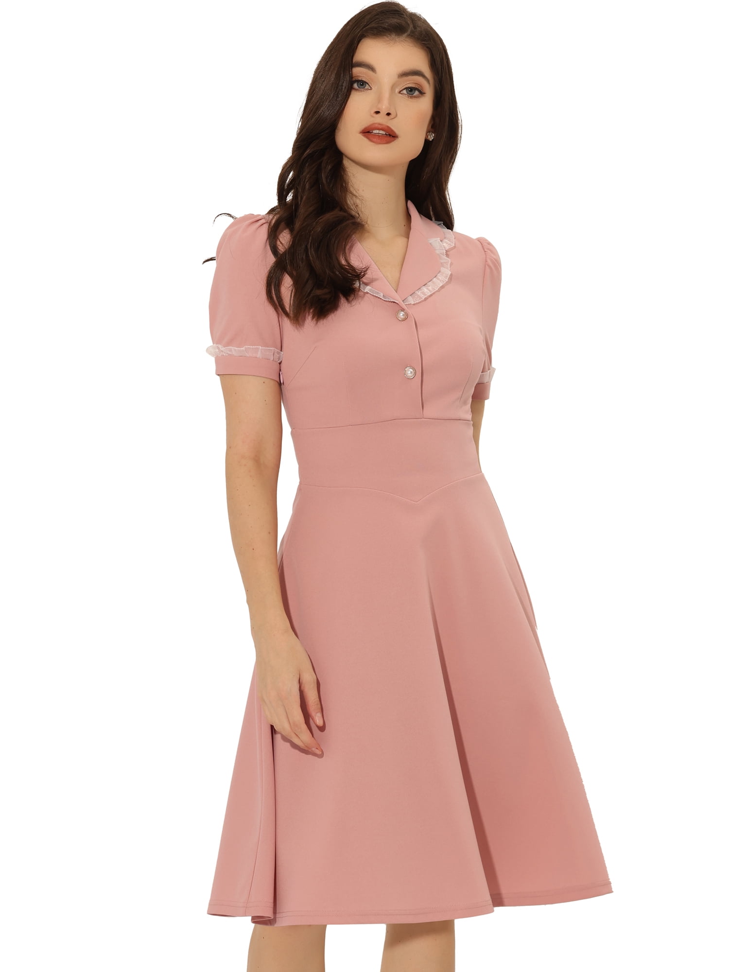 DARING DIVA Women's Vintage Puff Sleeve Peter Pan Collar Dress S Pink