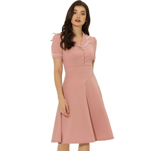 Unique Bargains Women's Ruffled Peter Pan Collar Midi Dresses XL Pink