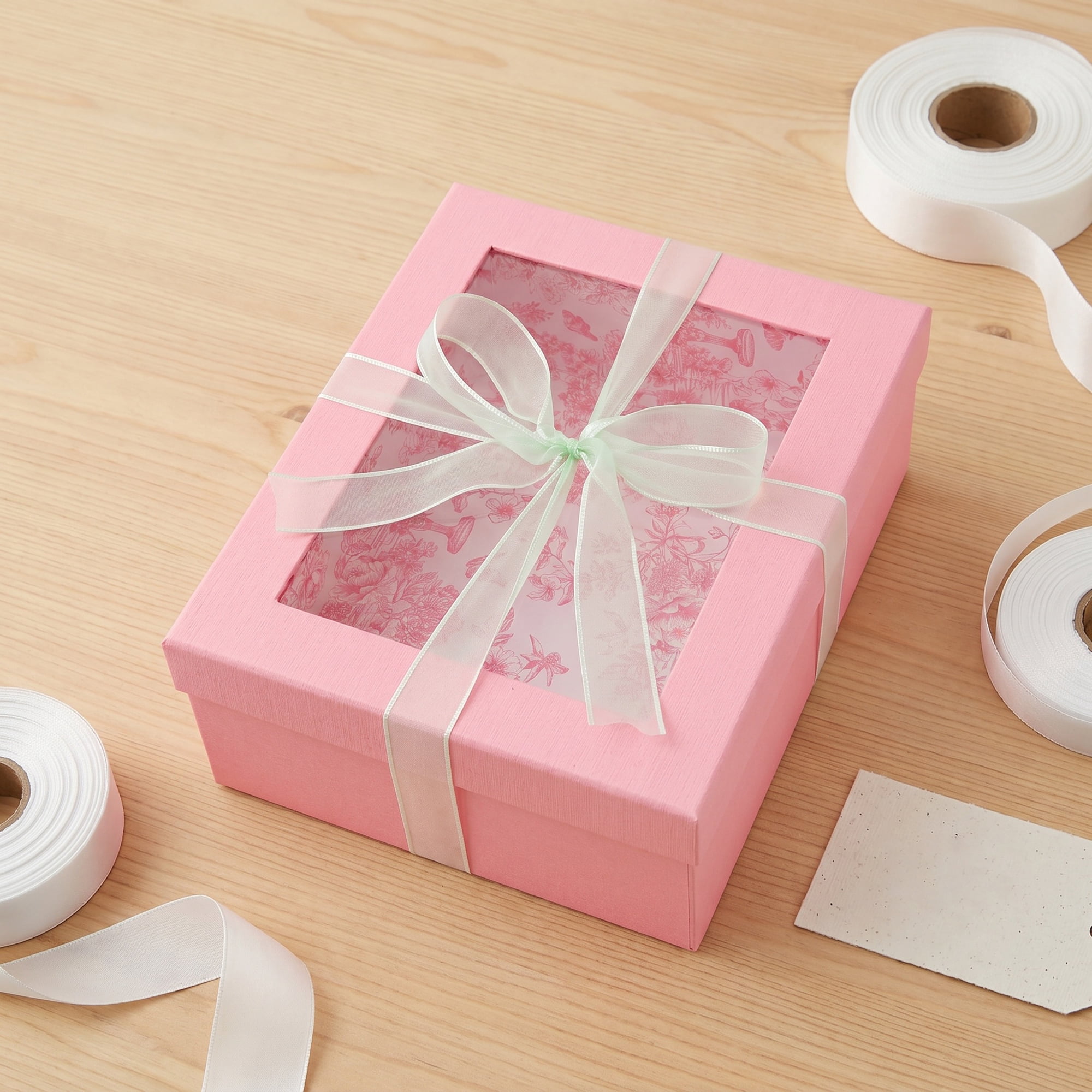 Unique Bargains Elegant Empty Gift Box with Printed Ribbon Pink 10" x 8.1" x 3.9"