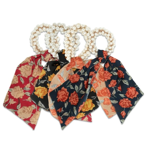 Unique Bargains Elegant Flower Pearl Ribbon Hair Elastic Band Multicolor 4 Pcs
