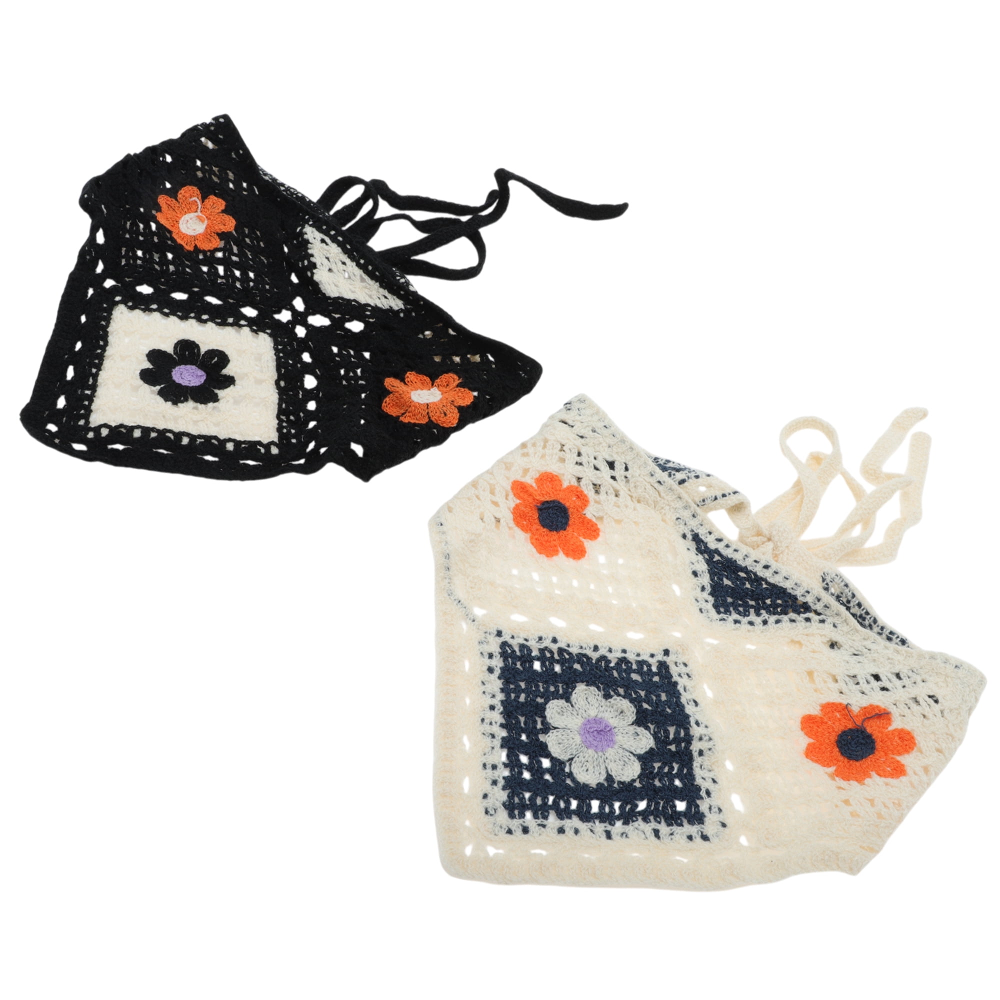 Unique Bargains Elegant Knitted Triangle Bandana 2 Pcs Small Orange Flowers