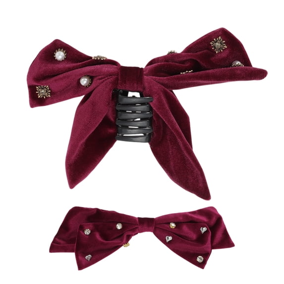 Unique Bargains Elegant Pearl Rhinestone Bow Hair Clips 2 Pcs Wine Red Rhinestone Bow & Pearl