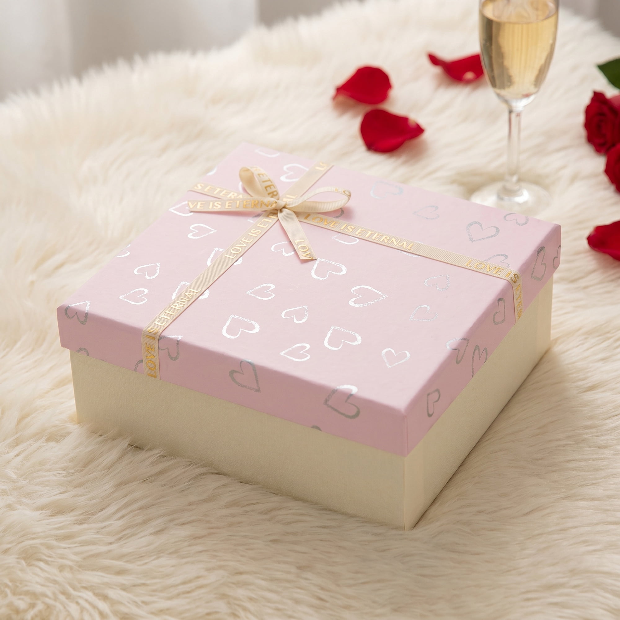 Unique Bargains Elegant Rigid Gift Box with Printed Ribbon Pink 7.9" x 7.1" x 3.1"
