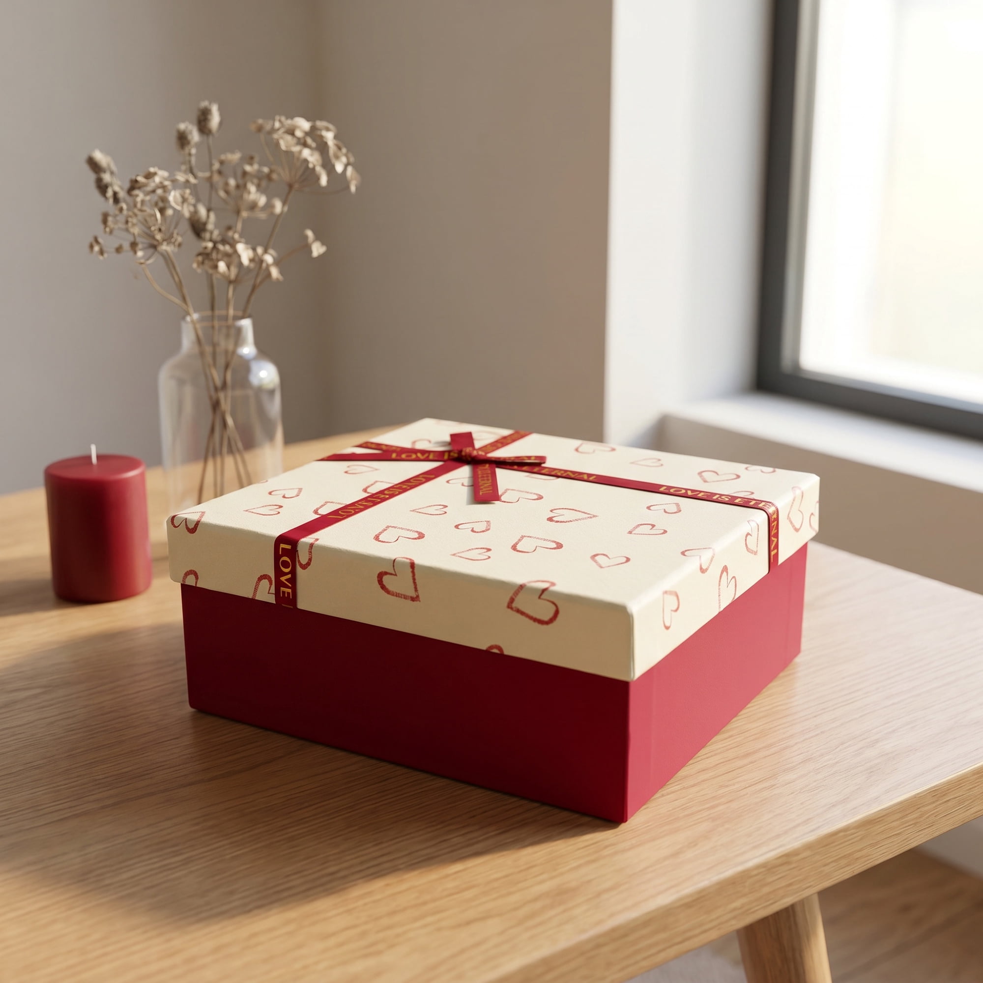 Unique Bargains Elegant Rigid Gift Box with Printed Ribbon Red 7.9" x 7.1" x 3.1"