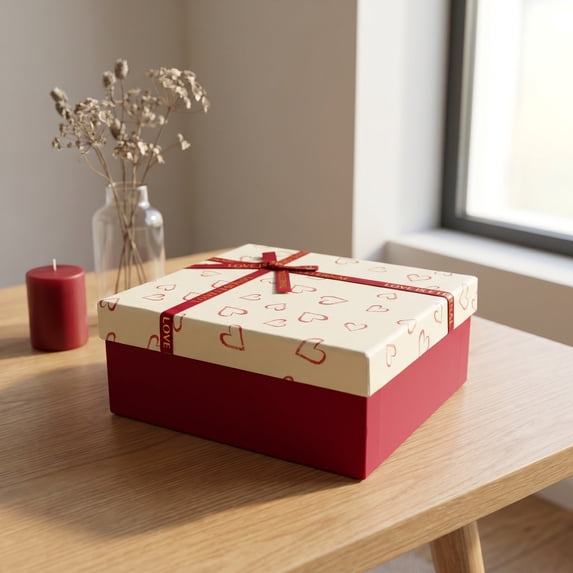 Unique Bargains Elegant Rigid Gift Box with Printed Ribbon Red 7.9" x 7.1" x 3.1"