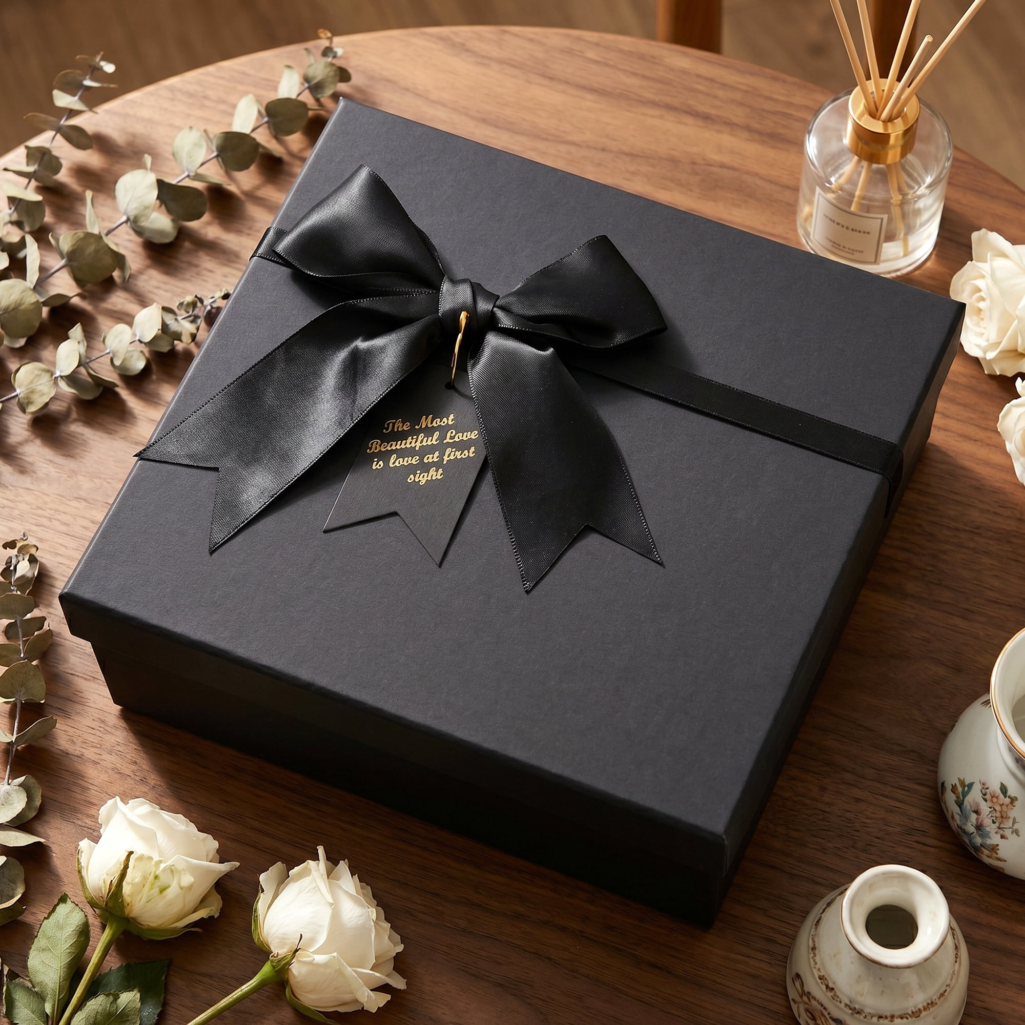 Unique Bargains Elegant Rigid Present Box with Lids Black 7.9"x7.1"x3.1"