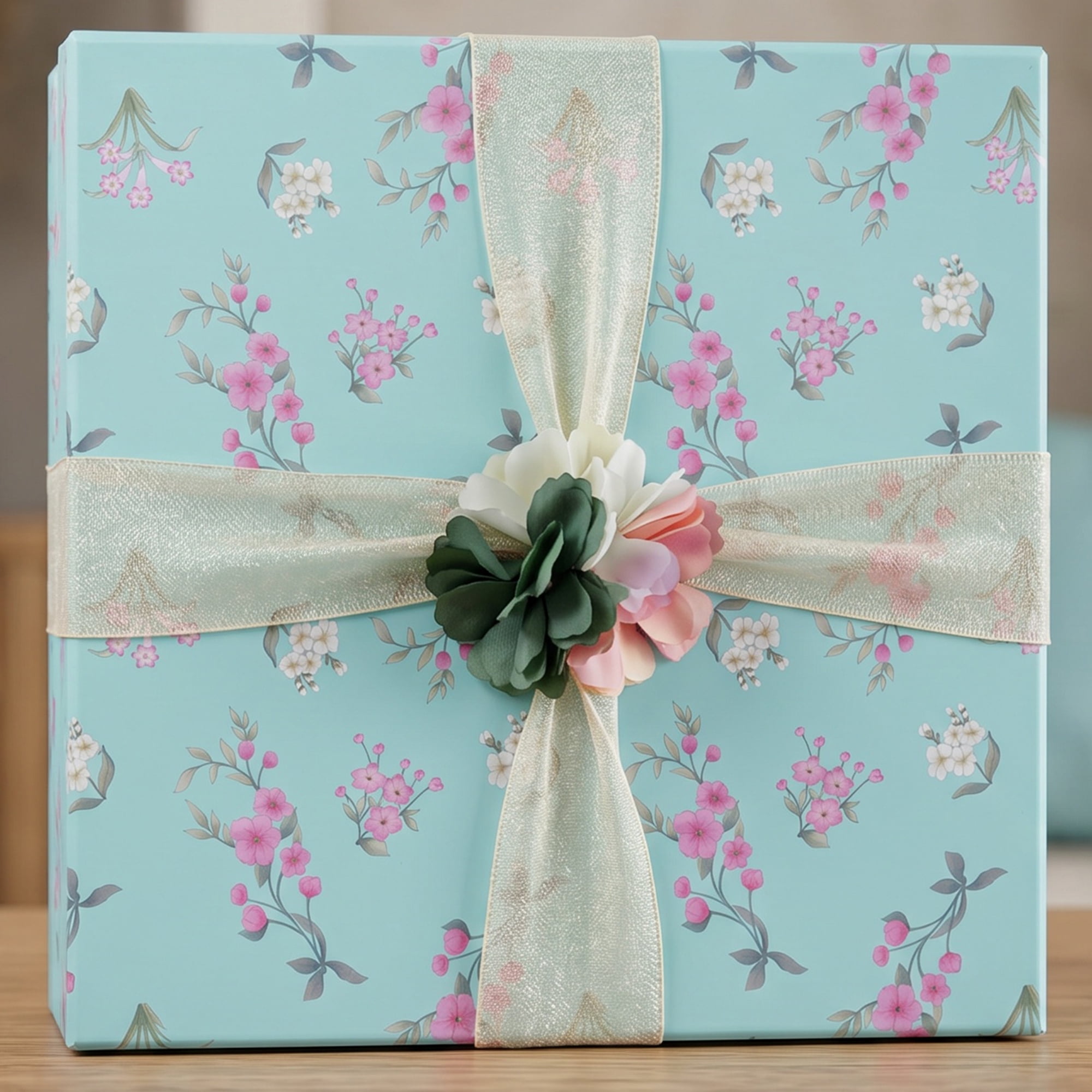 Unique Bargains Elegant Rigid Present Gift Box with Printed Ribbon Blue 7.5"x7.5"x3.1"
