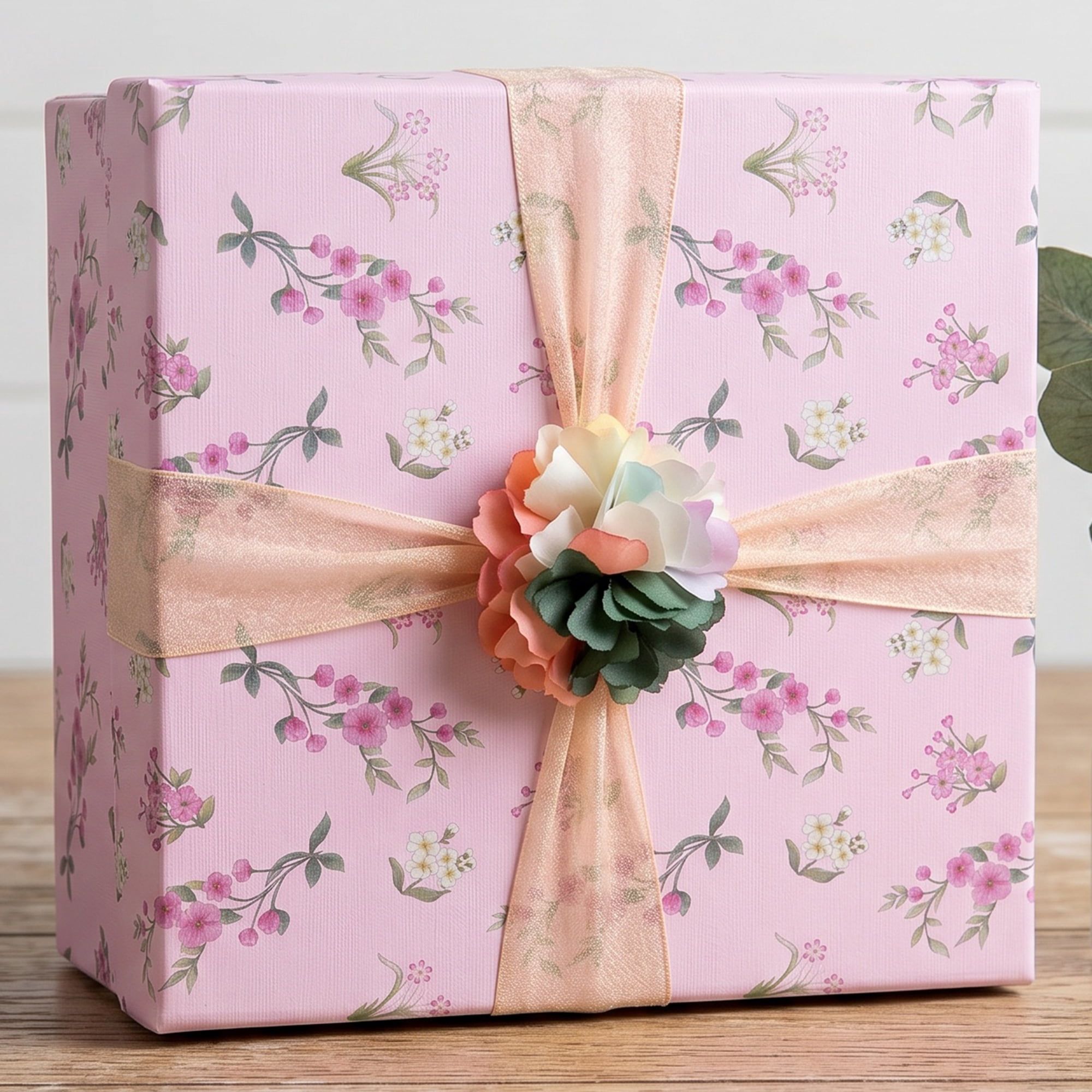 Unique Bargains Elegant Rigid Present Gift Box with Printed Ribbon Pink 7.5"x7.5"x3.1"