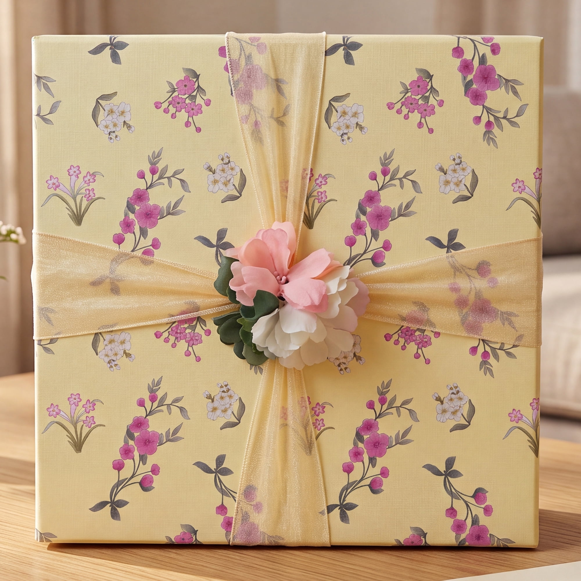 Unique Bargains Elegant Rigid Present Gift Box with Printed Ribbon Yellow 7.5"x7.5"x3.1"