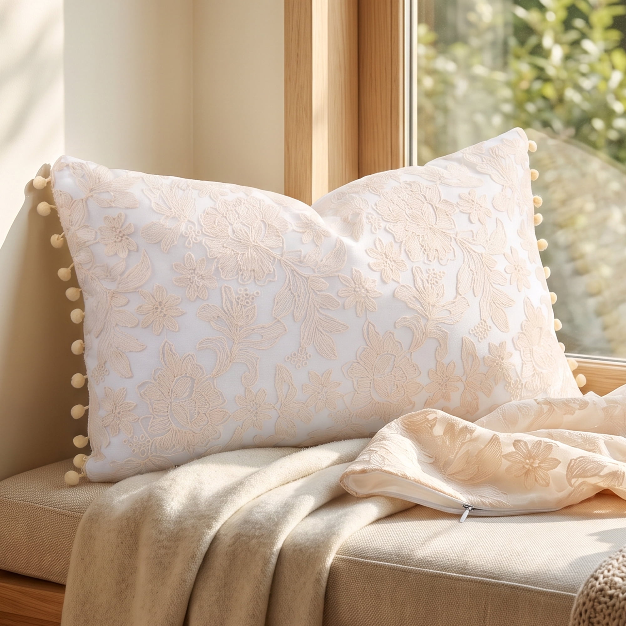 Unique Bargains Elegant Vintage Floral Throw Pom-Pom Pillow Covers Beige 20" x 12"