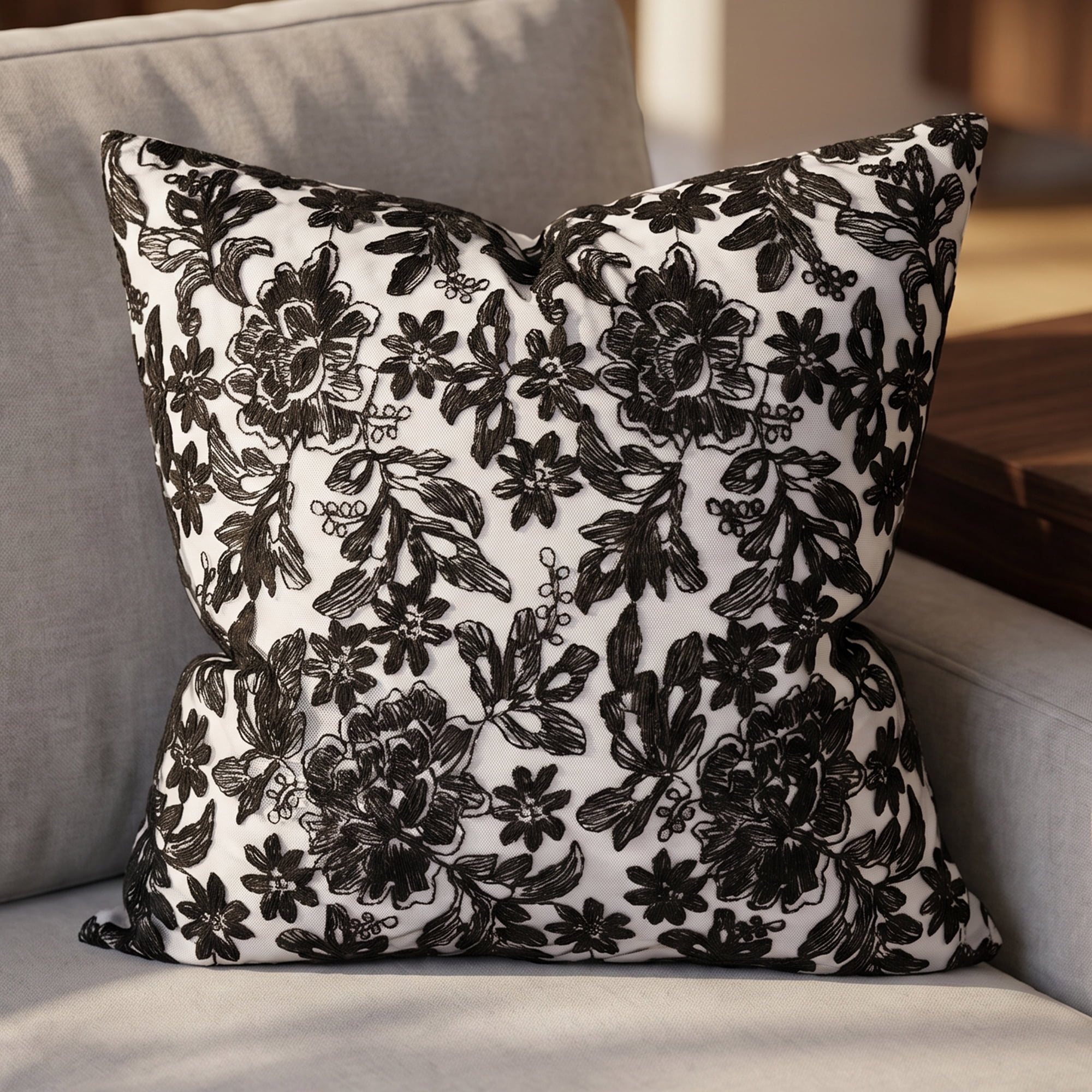 Unique Bargains Elegant Vintage Floral Throw Pom-Pom Pillow Covers Black 18" x 18"