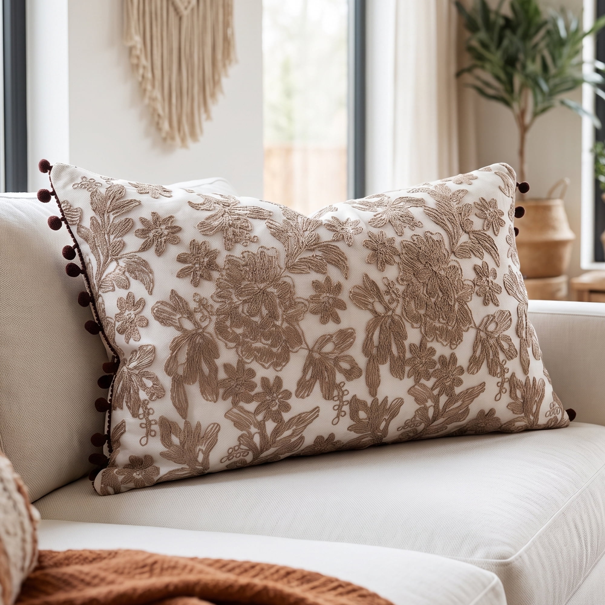 Unique Bargains Elegant Vintage Floral Throw Pom-Pom Pillow Covers Brown 20" x 12"