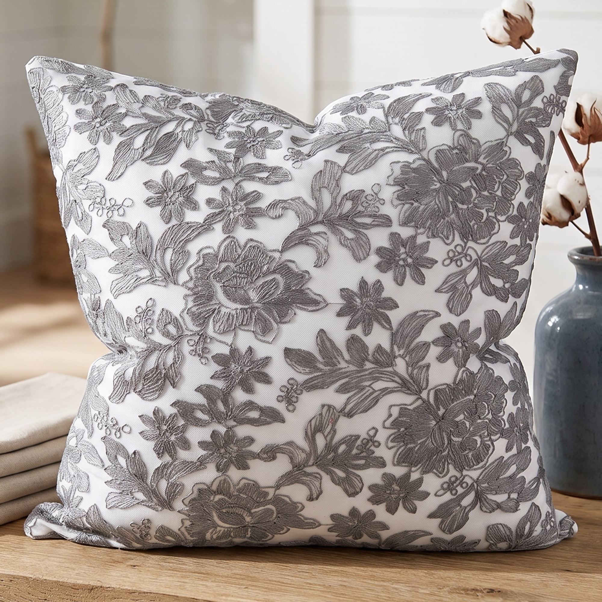 Unique Bargains Elegant Vintage Floral Throw Pom-Pom Pillow Covers Grey 18" x 18"