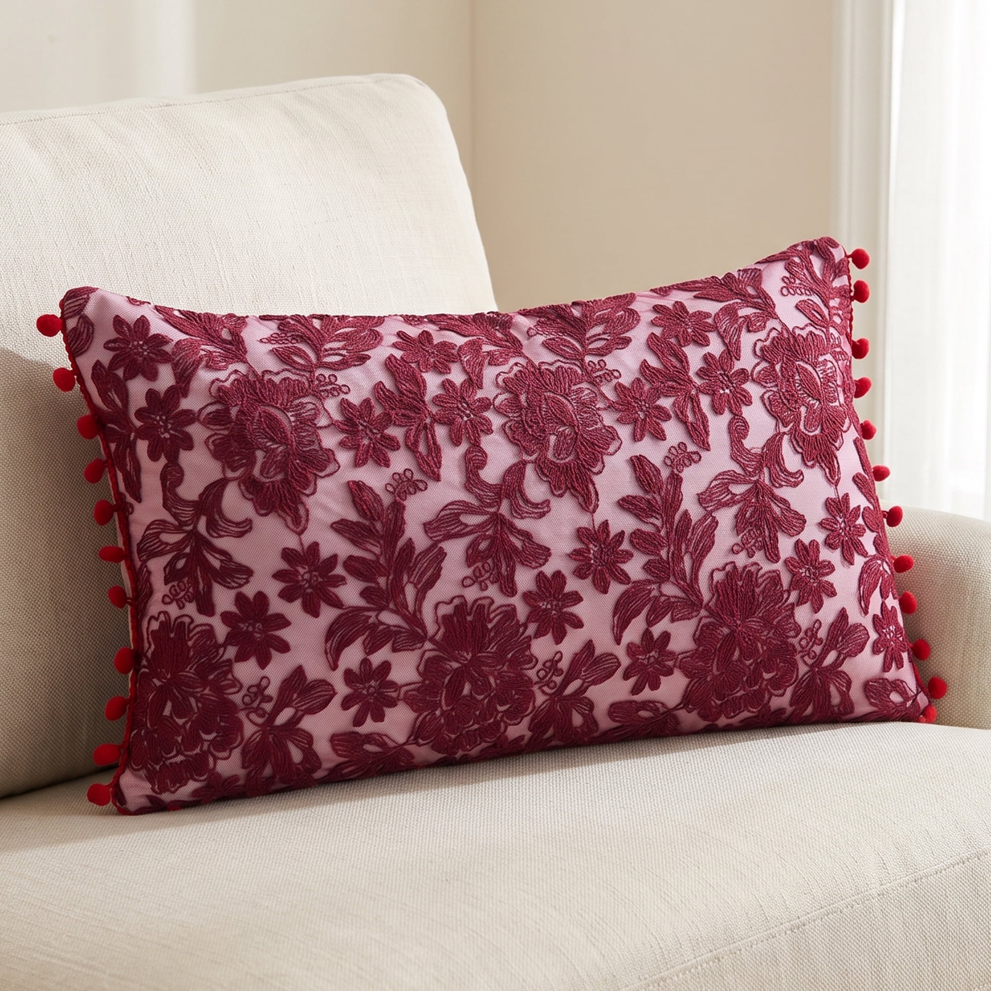 Unique Bargains Elegant Vintage Floral Throw Pom-Pom Pillow Covers Red 20" x 12"