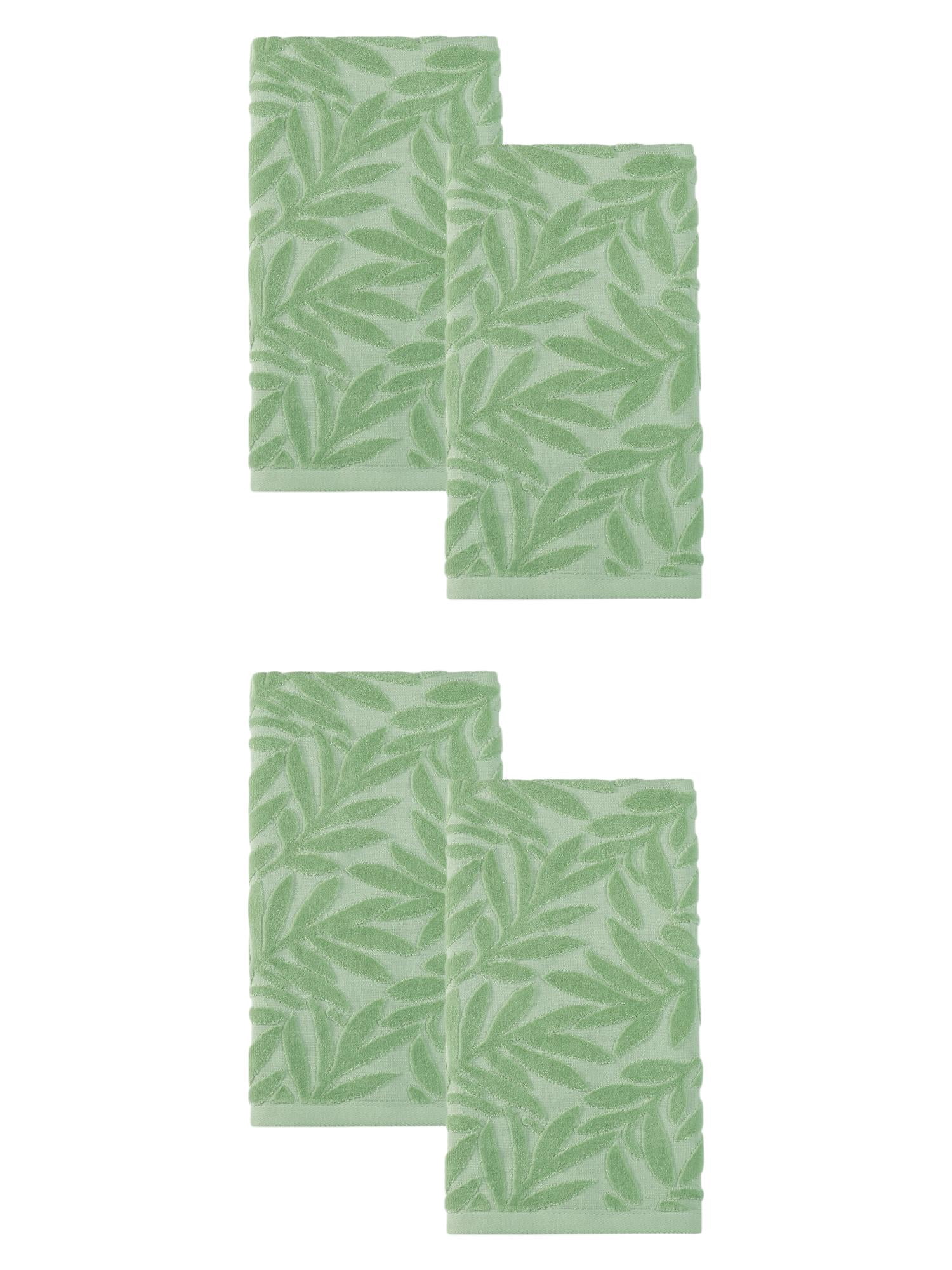 Unique Bargains Embossed Leaf Hand Towels Pure Cotton Absorbent Green 28" x 16"