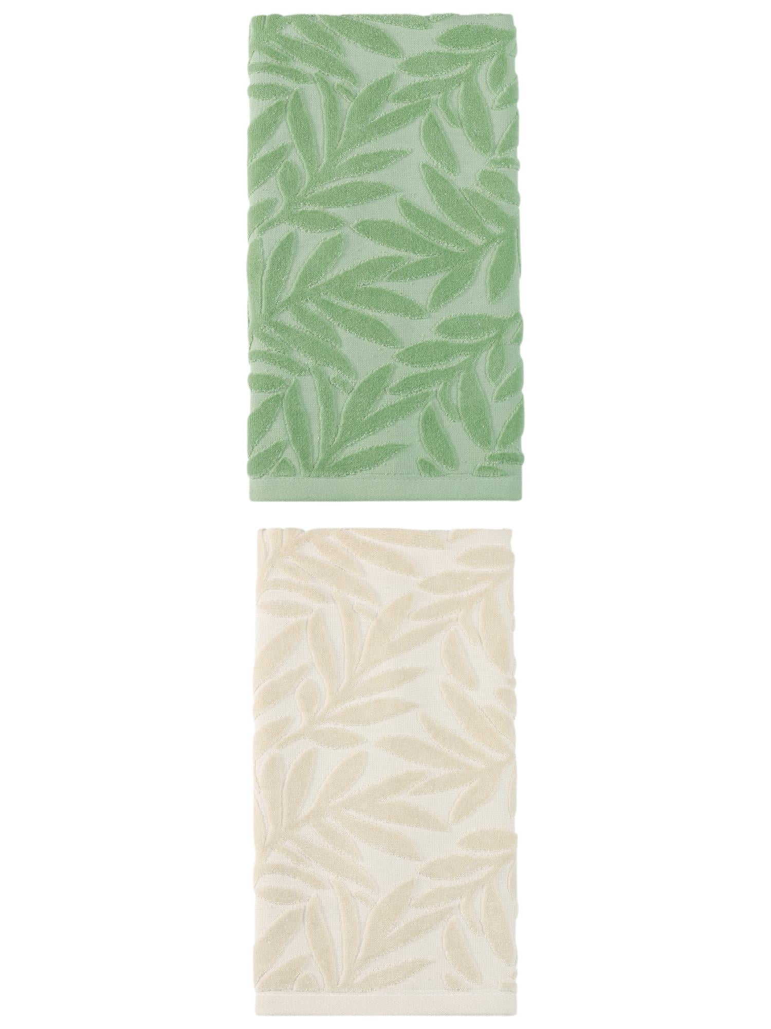 Unique Bargains Embossed Leaf Hand Towels Pure Cotton Absorbent White/Green 28" x 16"