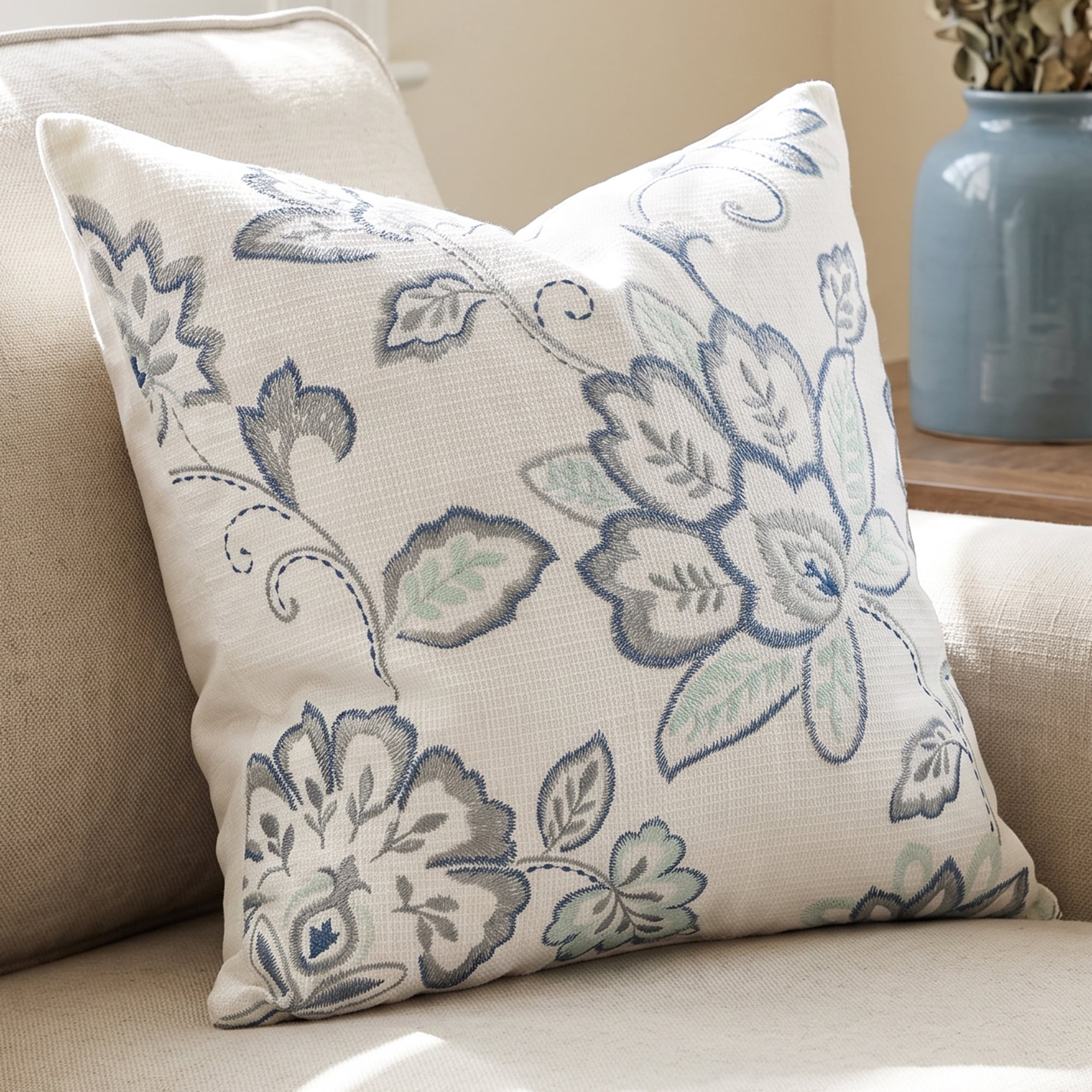 Unique Bargains Embroidered Floral Throw Pillow Cover Rustic Cushion Case Blue 18"x18"