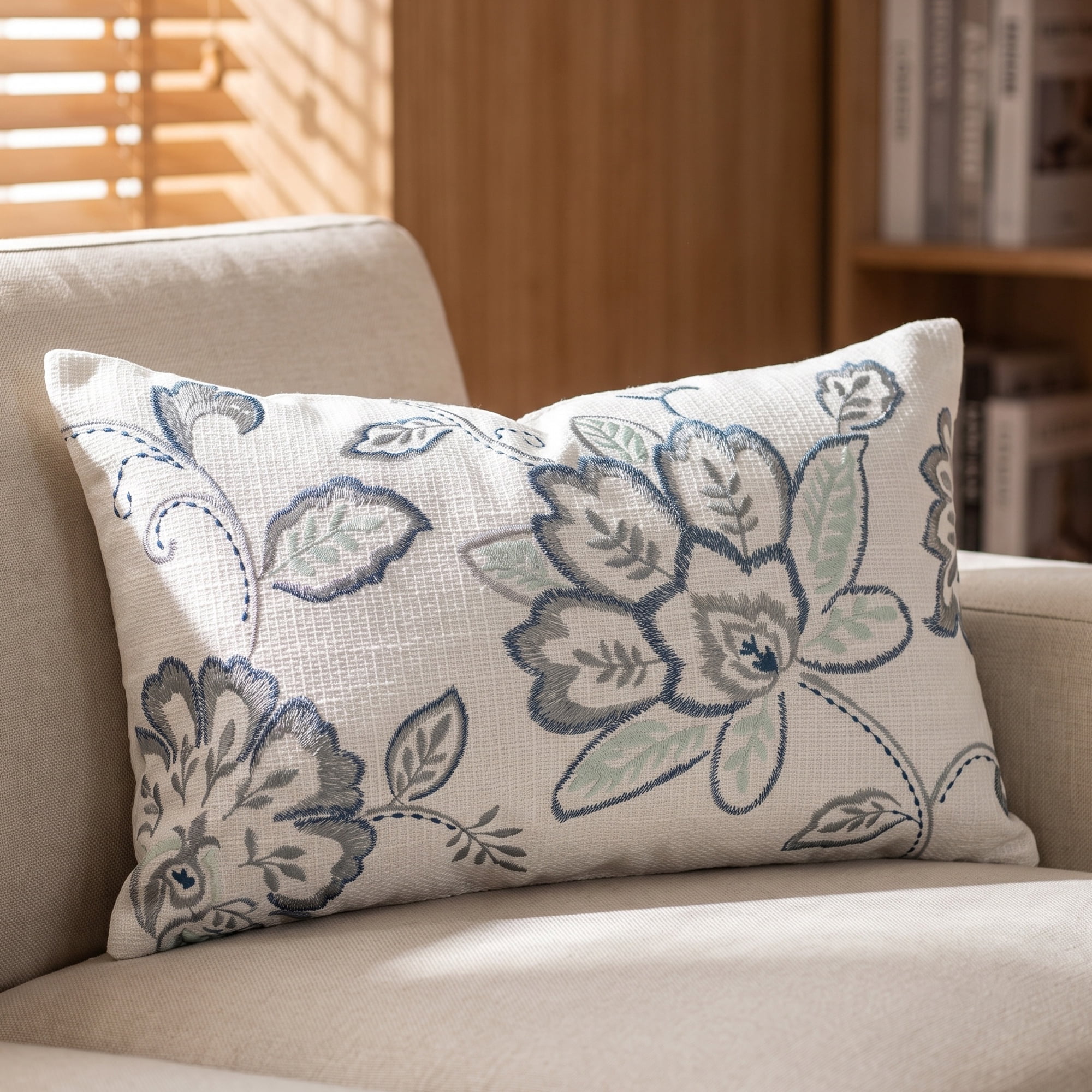 Unique Bargains Embroidered Floral Throw Pillow Cover Rustic Cushion Case Blue 20"x12"
