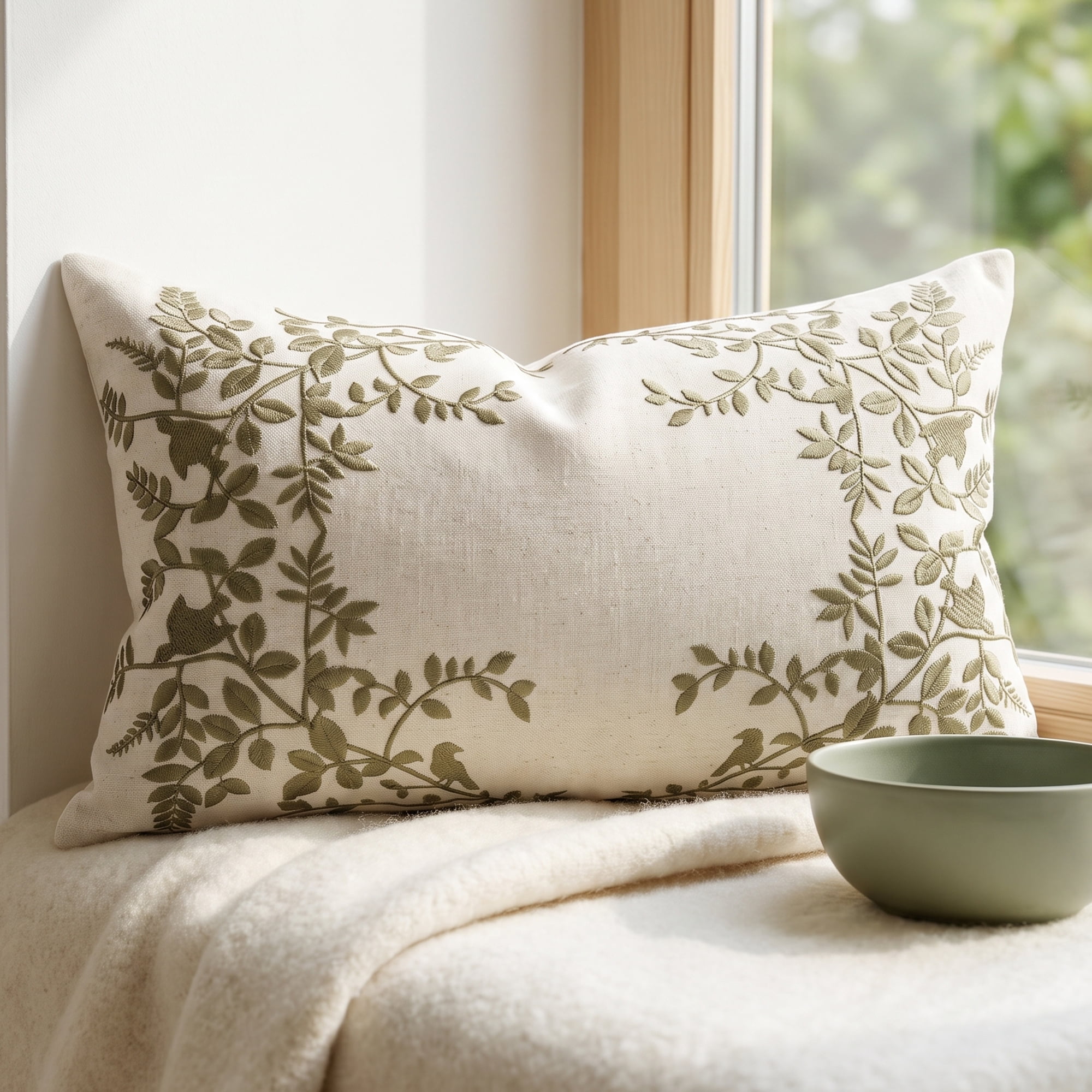 Unique Bargains Embroidered Floral Throw Pillow Cover Rustic Cushion Case Green 20"x12"