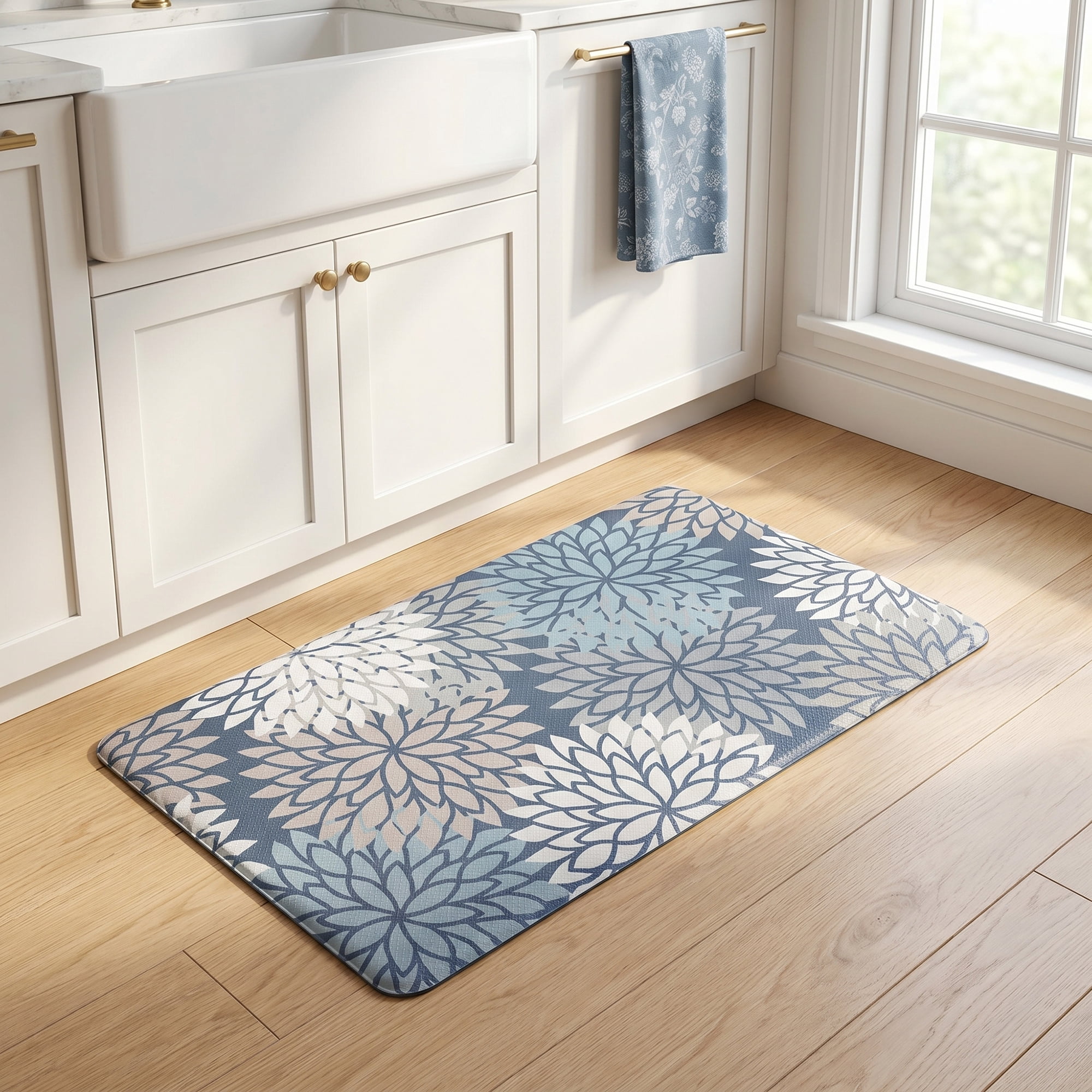Unique Bargains Ergonomic Kitchen Mats Blue Flower 30" x 17"